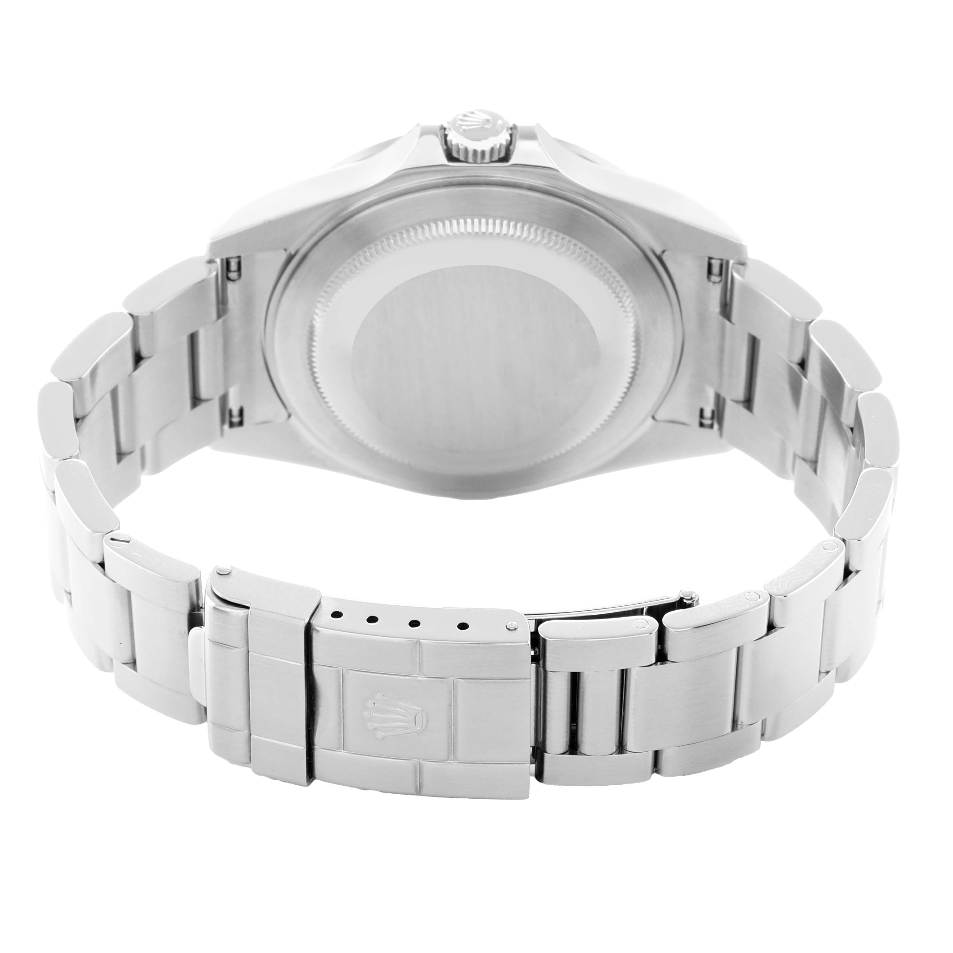 The image shows the rear view of a Rolex Explorer 16570 Men
s Stainless Steel Black Dial, focusing on the case back, bracelet, and clasp.