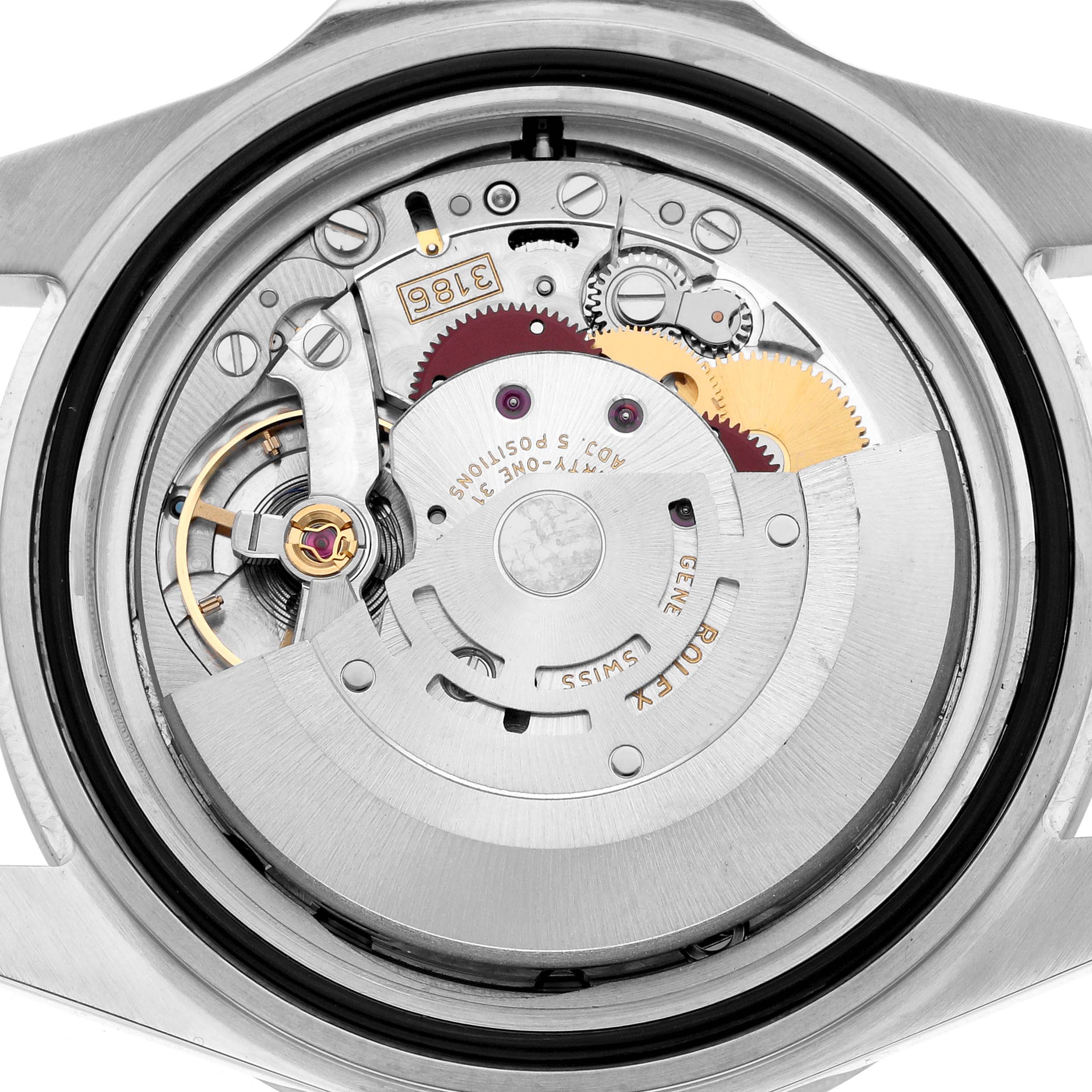 The image shows a top-down view of the movement of a Rolex Explorer 16570 Men
s Stainless Steel Black Dial watch, highlighting gears and the rotor.