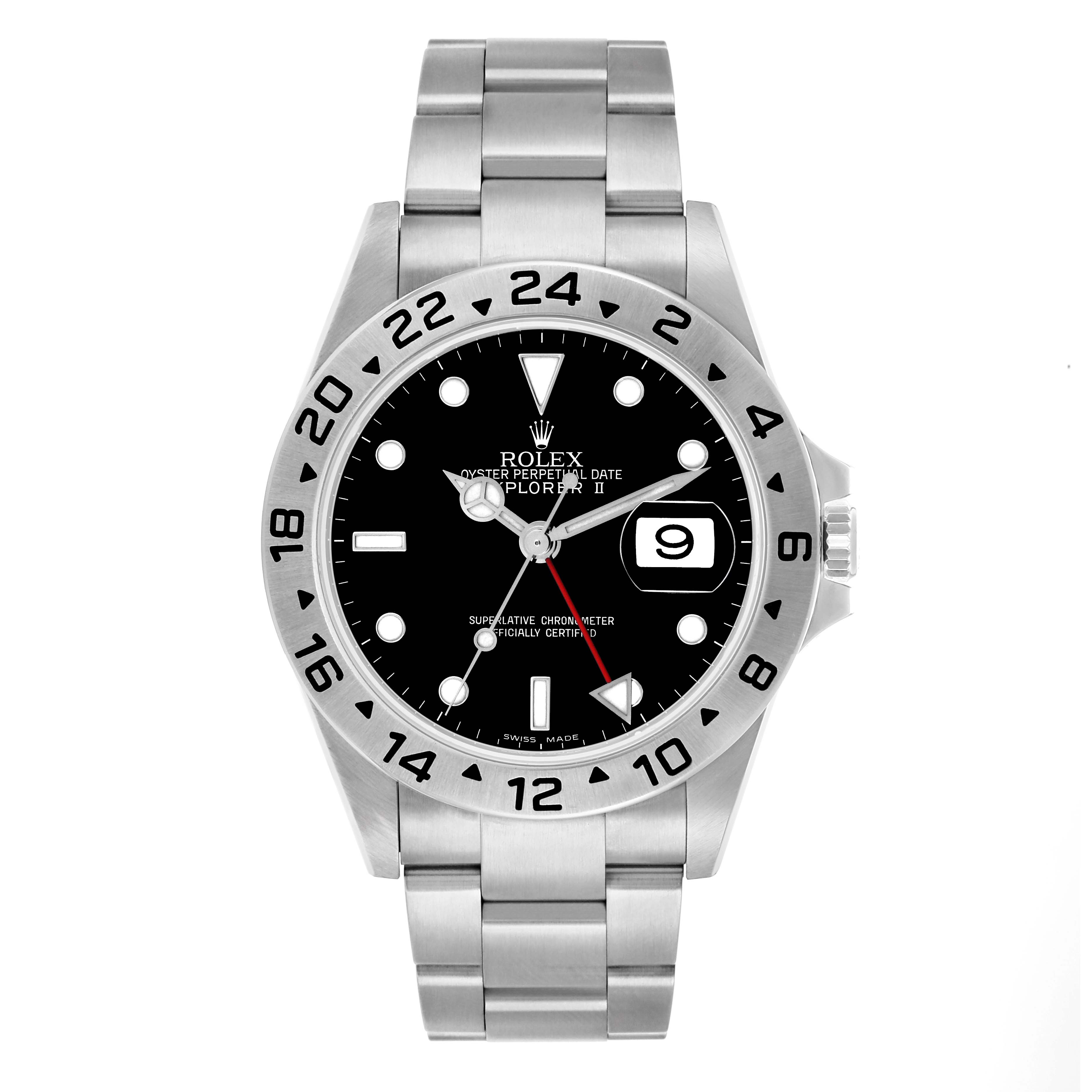 The image shows a front view of a Rolex Explorer 16570 Men
s Stainless Steel Black Dial II watch, highlighting the dial, bezel, hands, and bracelet.