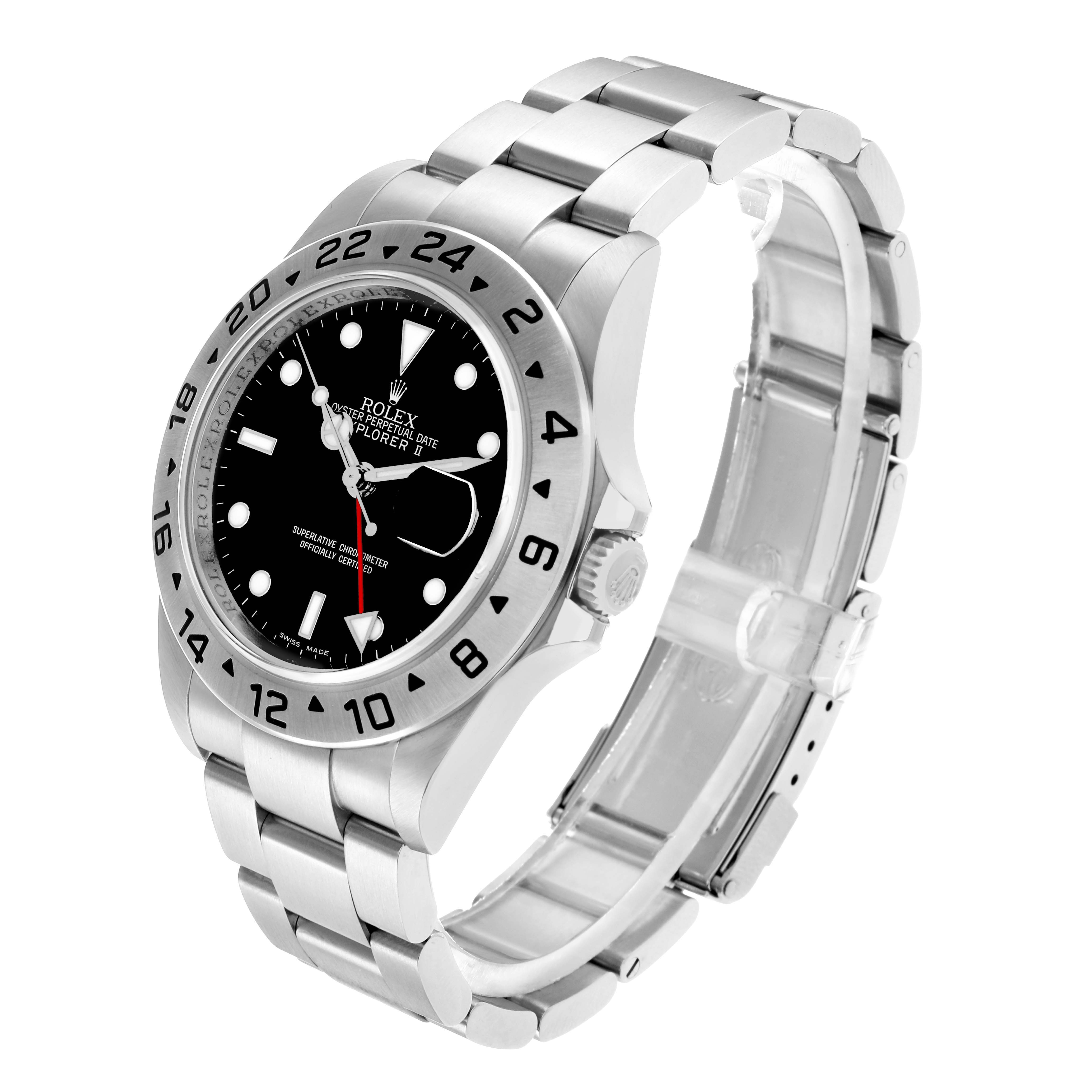 The Rolex Explorer 16570 Men
s Stainless Steel Black Dial watch is shown at a three-quarter angle, highlighting the face, bezel, crown, and bracelet.
