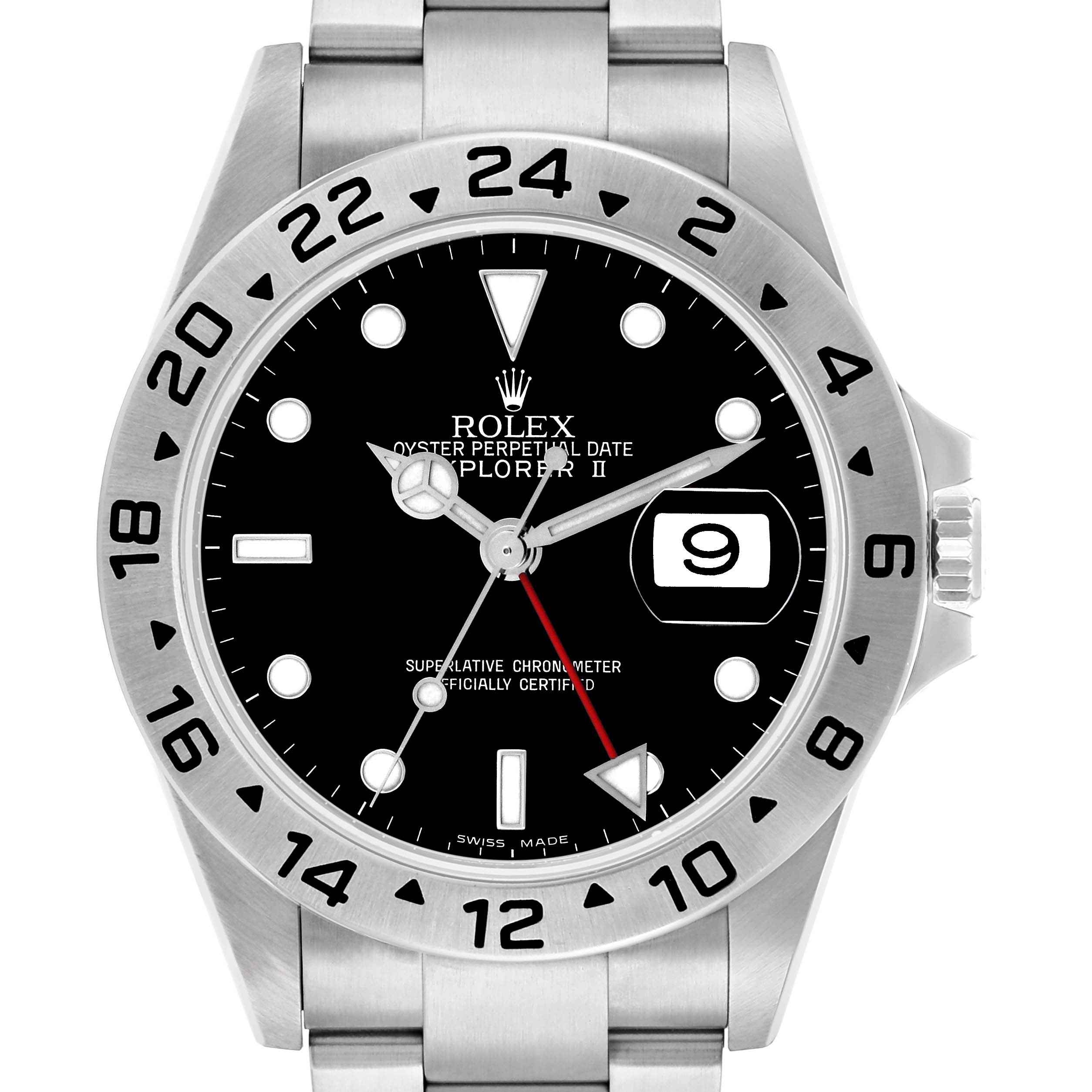 The Rolex Explorer 16570 Men
s Stainless Steel Black Dial II watch is shown from the front, highlighting its dial, bezel, and bracelet.