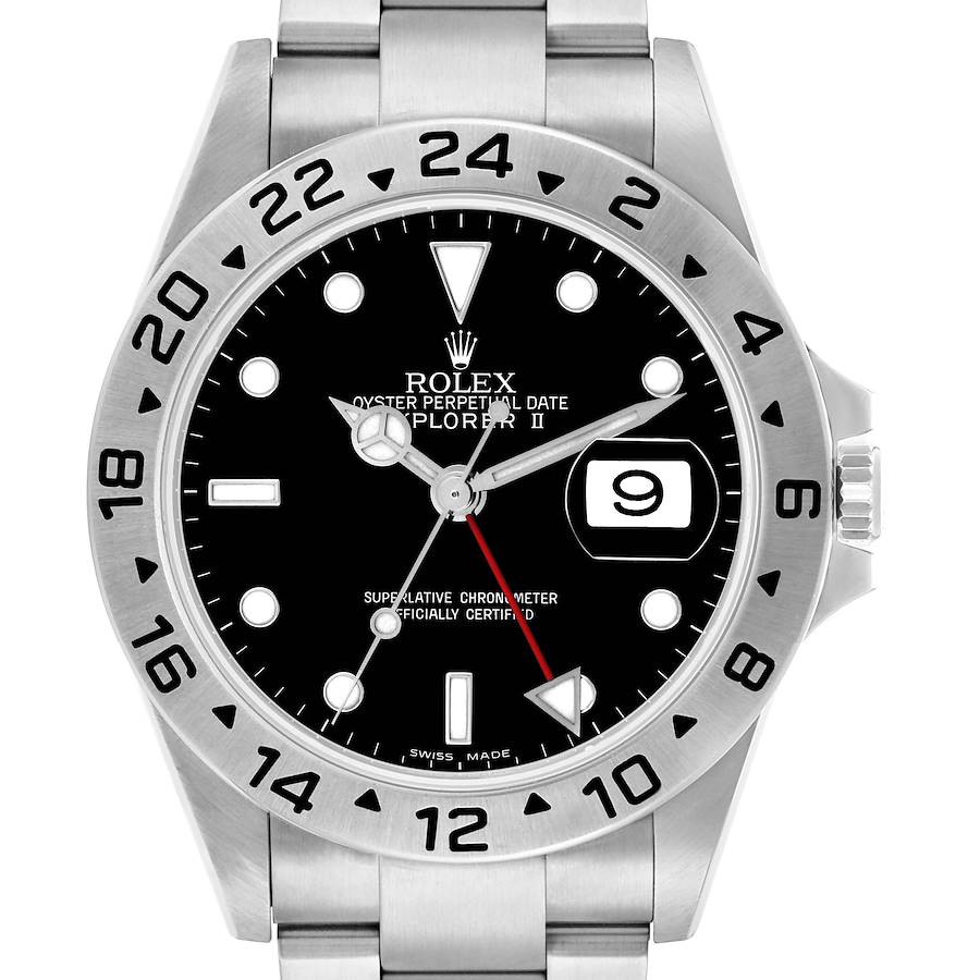 The Rolex Explorer 16570 Men's Stainless Steel Black Dial II watch is shown from the front, highlighting its dial, bezel, and bracelet.