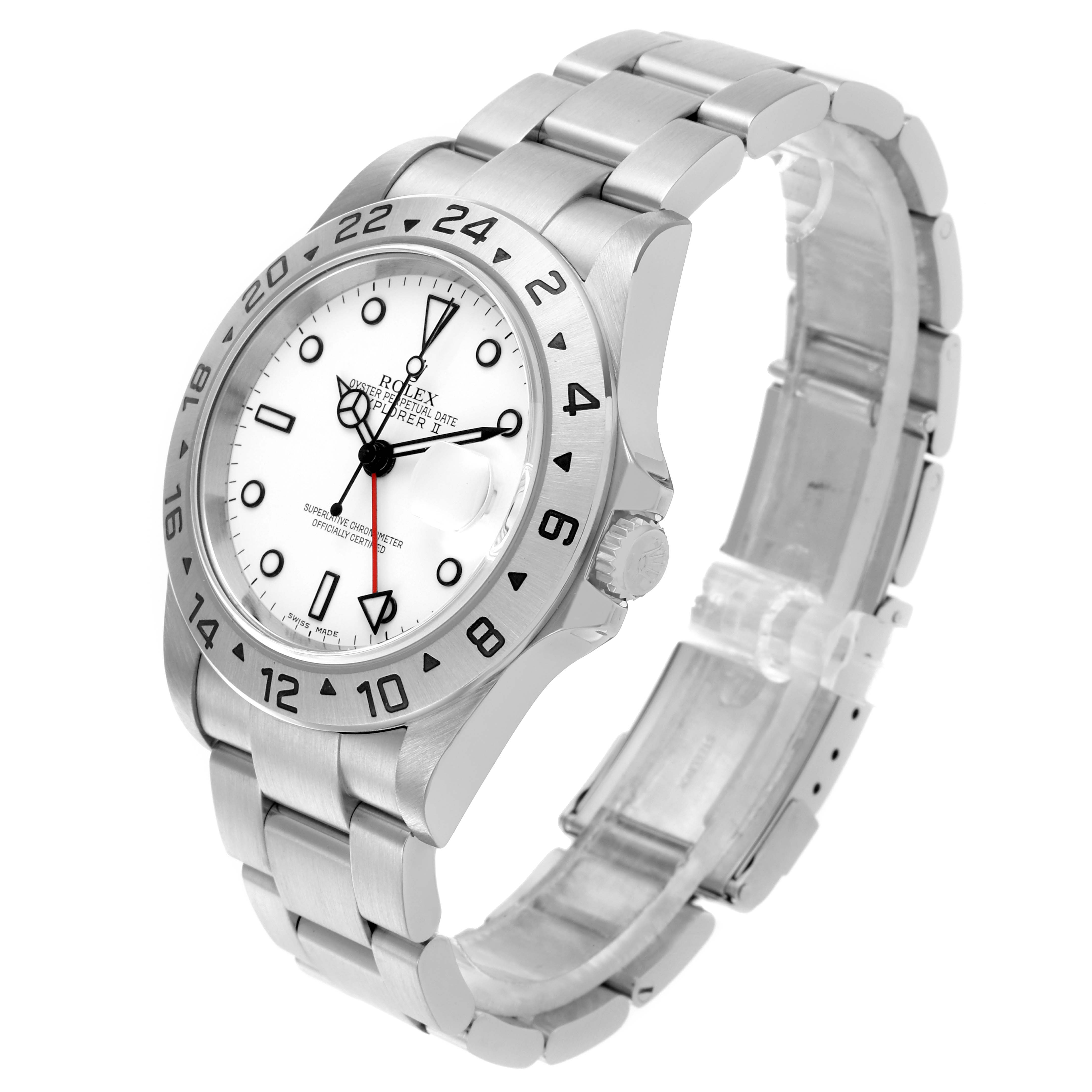 The Rolex Explorer 16570 Men's Stainless Steel White Dial 16570 Men's Stainless Steel White Dial watch is shown at a three-quarter angle, displaying the dial, bezel, crown, and bracelet.