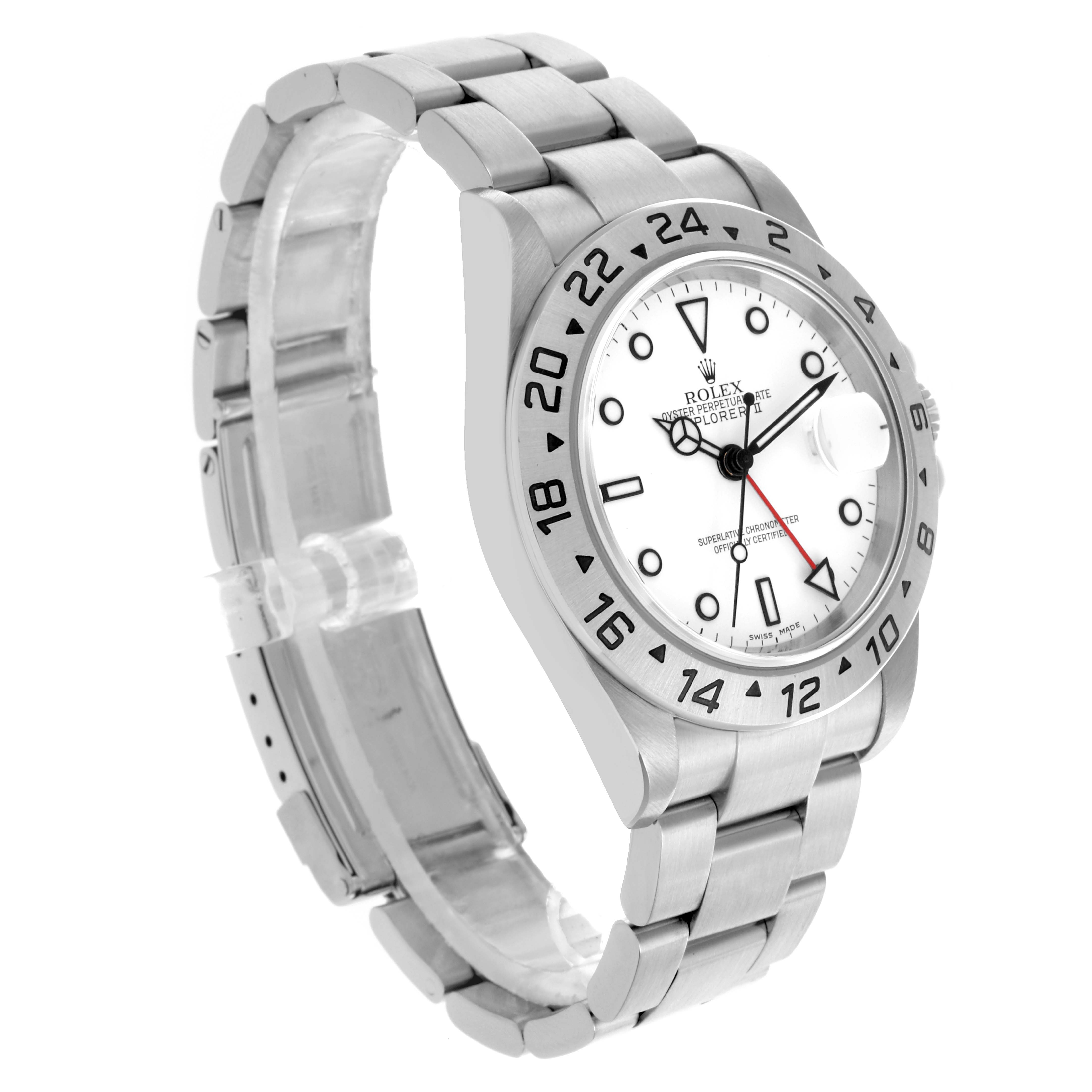 The Rolex Explorer 16570 Men's Stainless Steel White Dial 16570 Men's Stainless Steel White Dial watch is shown at a three-quarter angle, highlighting the bracelet, bezel, and dial.