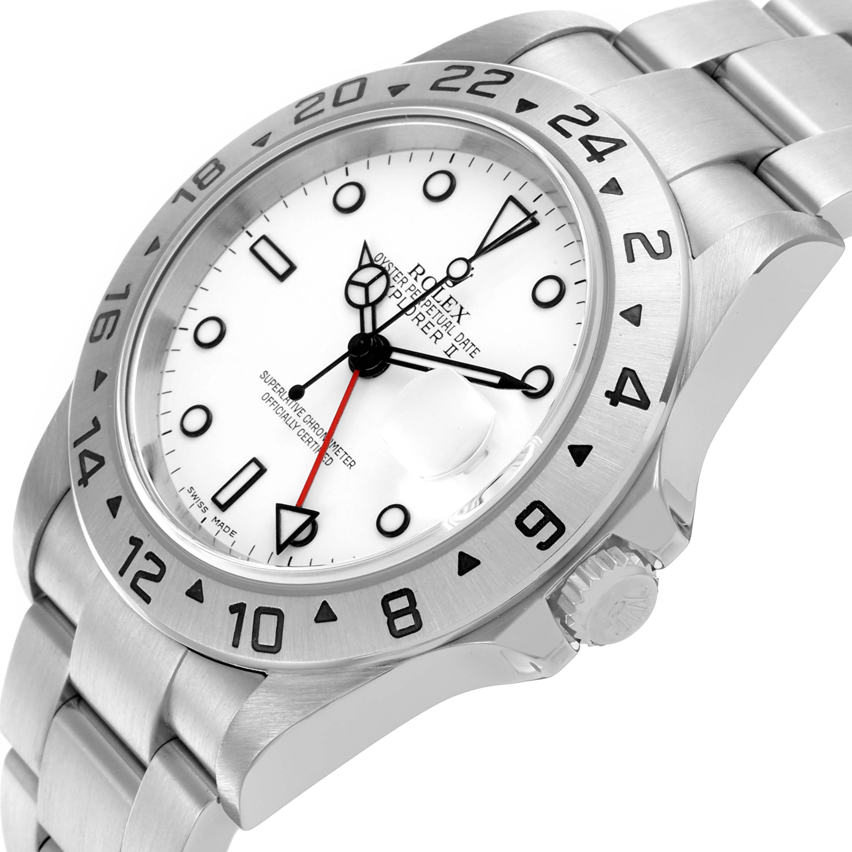 The Rolex Explorer 16570 Men's Stainless Steel White Dial 16570 Men's Stainless Steel White Dial watch is shown at an angle, displaying the face, bezel, crown, and part of the bracelet.