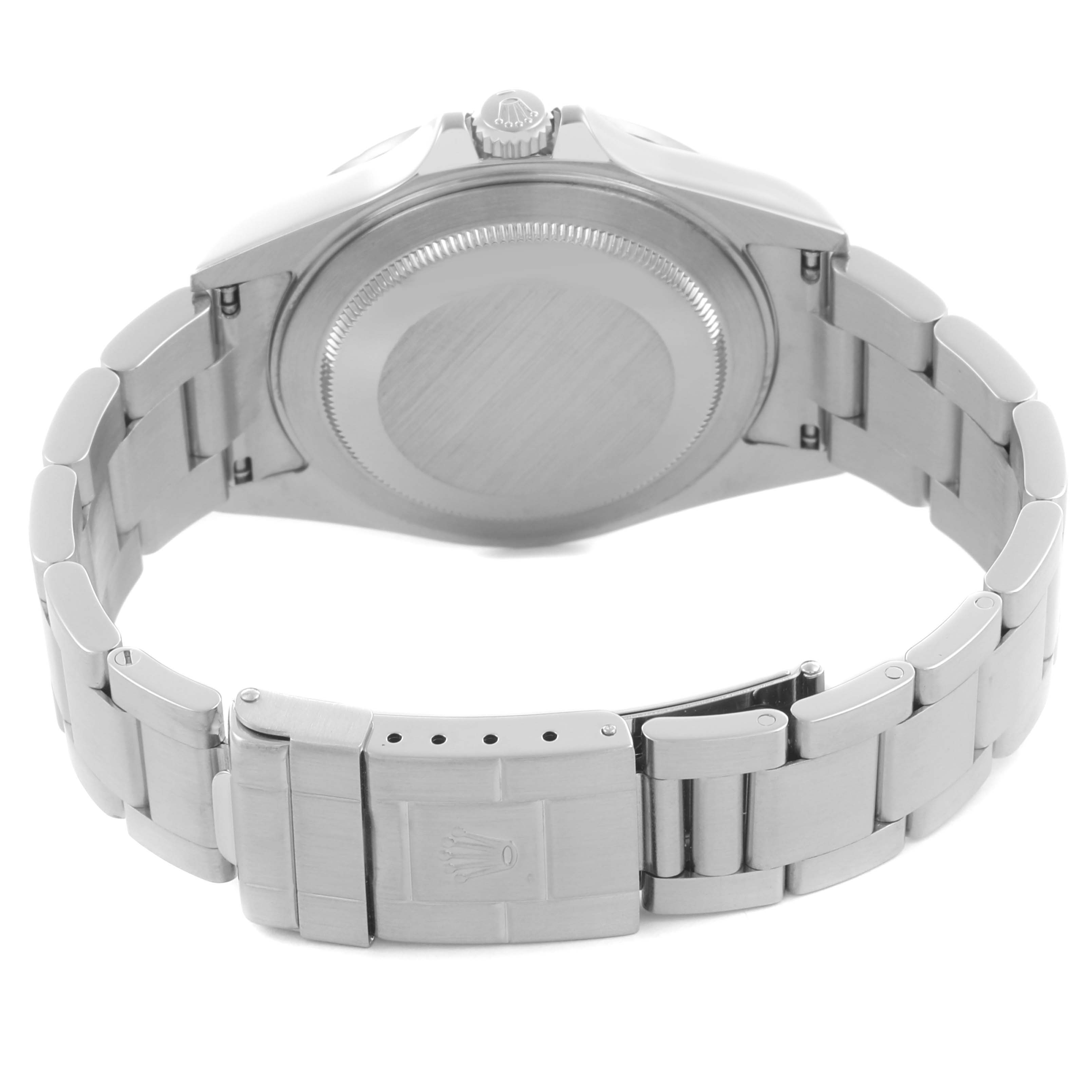 The image shows the back case and closed clasp of a Rolex Explorer 16570 Men's Stainless Steel White Dial 16570 Men's Stainless Steel White Dial watch from a rear angle.