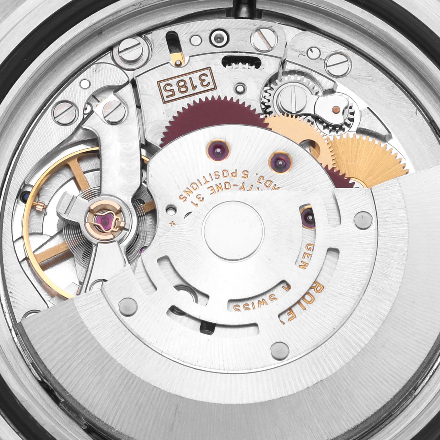 This image shows the movement of a Rolex Explorer 16570 Men's Stainless Steel White Dial 16570 Men's Stainless Steel White Dial watch, highlighting gears, rotors, and mechanisms from a top angle.