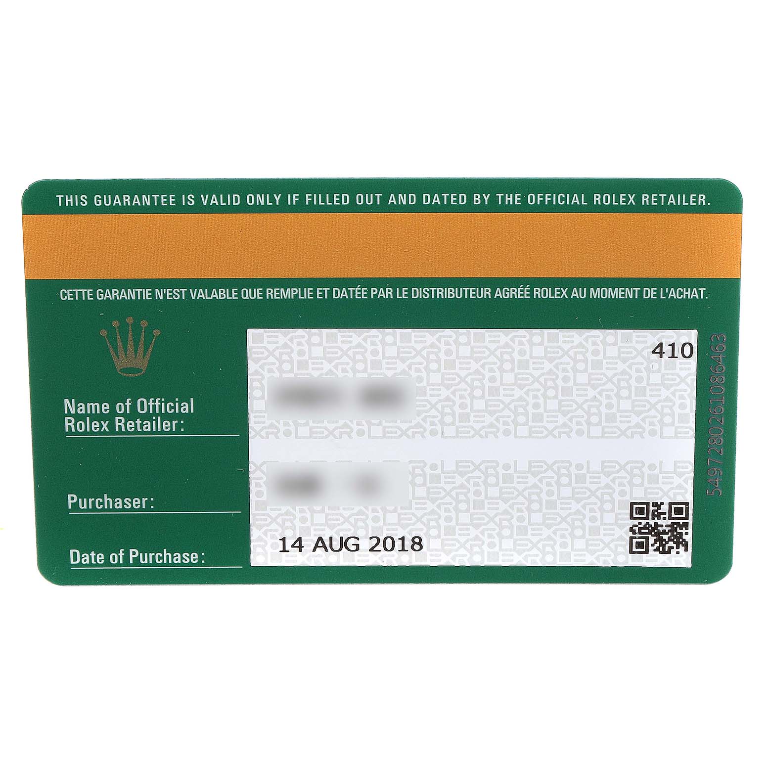 This image shows the warranty card for a Rolex GMT-Master 116710 Men
s Stainless Steel Black Dial 116710 Men
s Stainless Steel Black Dial watch, featuring the date of purchase and retailer information.