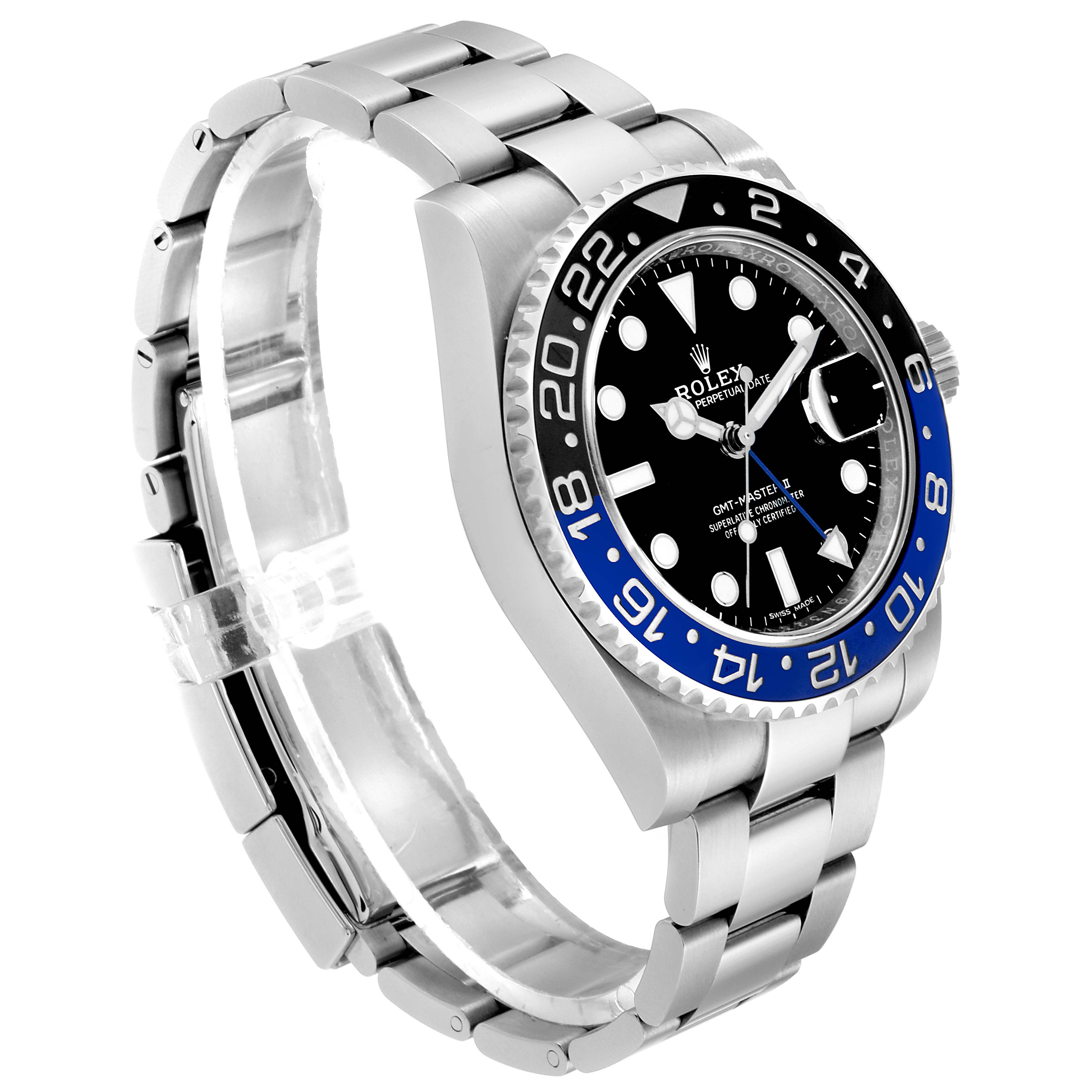 The image shows a side angle of the Rolex GMT-Master 116710 Men
s Stainless Steel Black Dial 116710 Men
s Stainless Steel Black Dial watch, focusing on the face, bezel, crown, and bracelet.