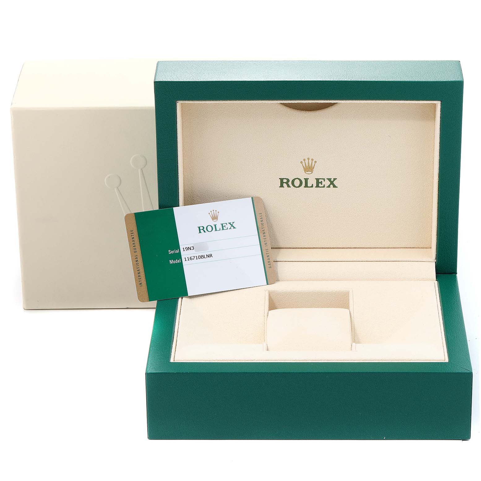 This image shows an empty Rolex GMT-Master 116710 Men
s Stainless Steel Black Dial 116710 Men
s Stainless Steel Black Dial watch box and warranty card from a front angle.