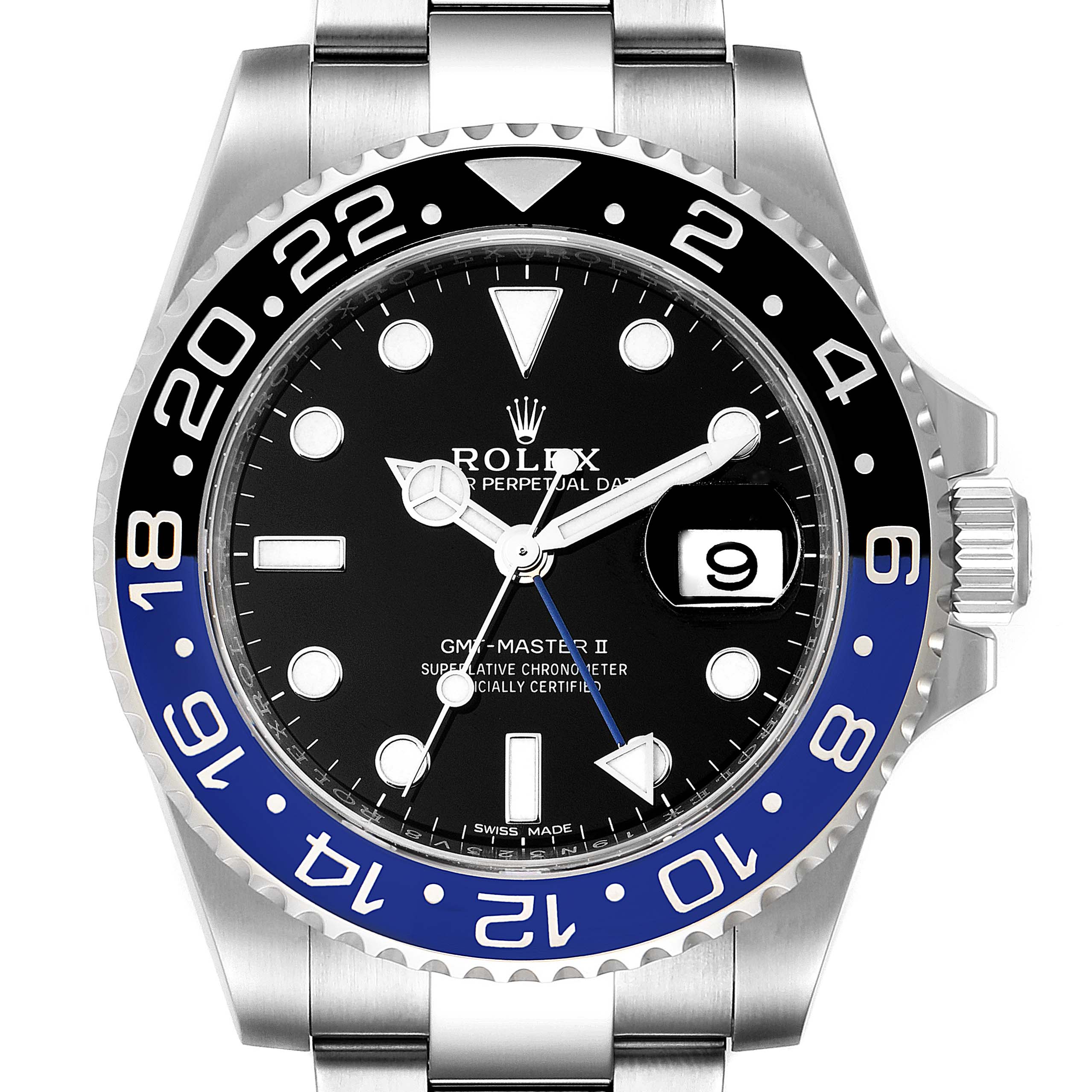 The image shows a front view of a Rolex GMT-Master 116710 Men
s Stainless Steel Black Dial 116710 Men
s Stainless Steel Black Dial II watch displaying the dial, bezel, date window, and part of the bracelet.