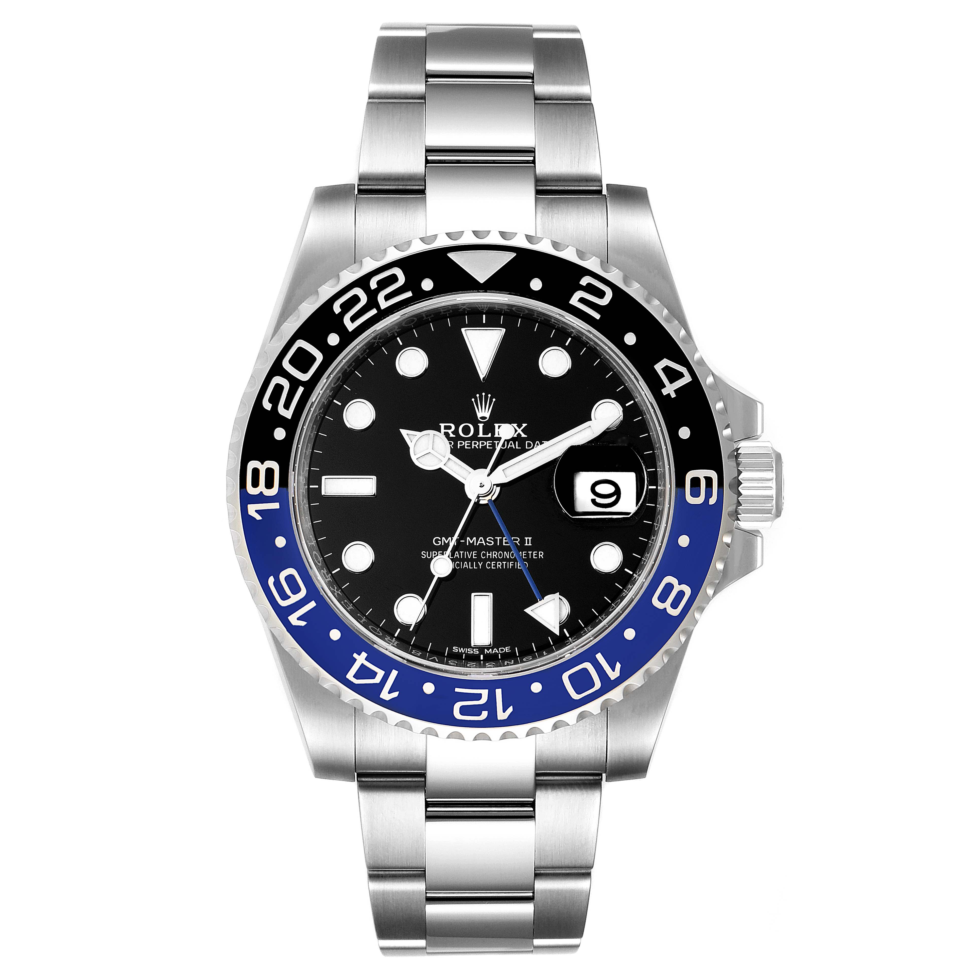 The image shows the front angle of a Rolex GMT-Master 116710 Men
s Stainless Steel Black Dial 116710 Men
s Stainless Steel Black Dial watch, highlighting its bezel, dial, hands, and bracelet.