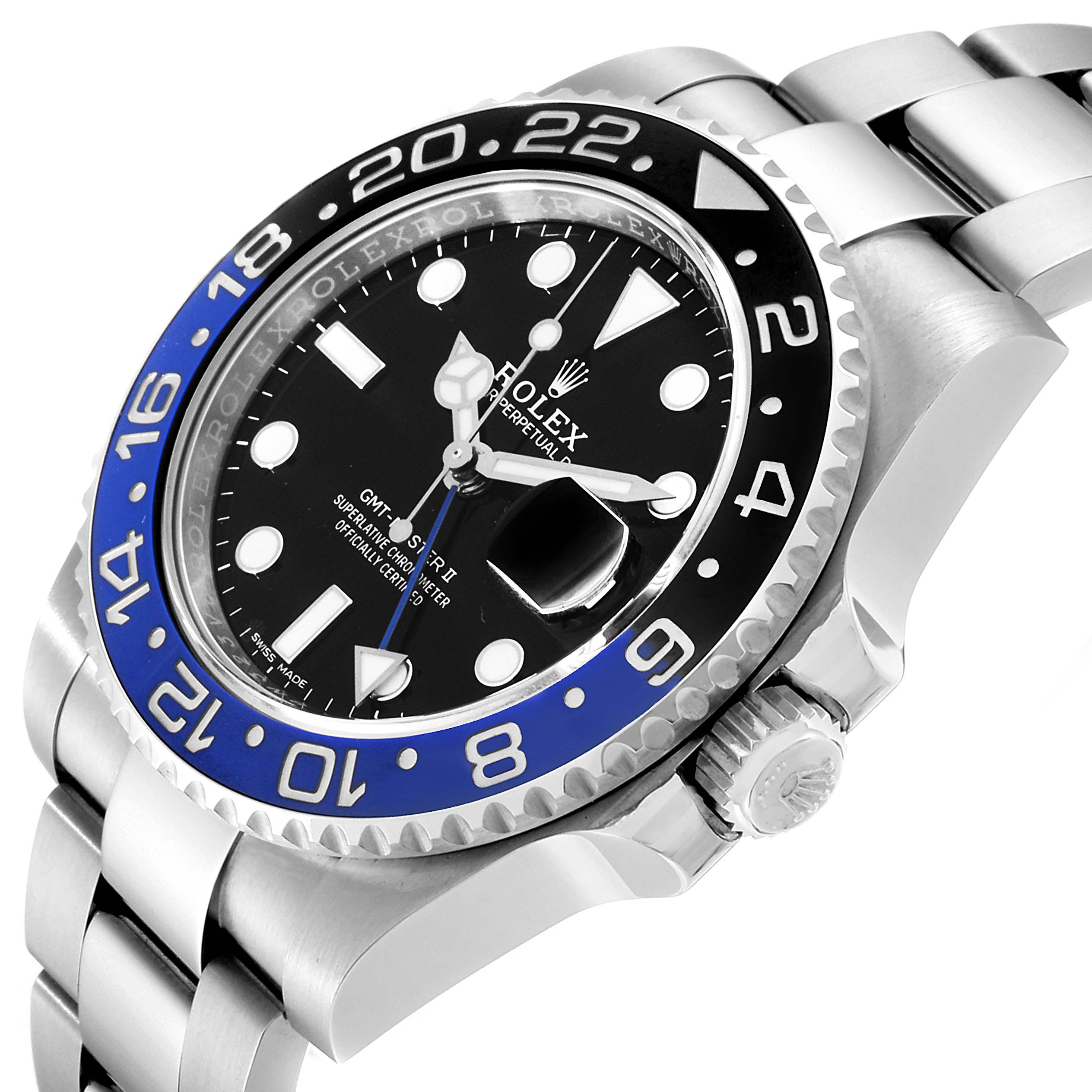 The image shows a close-up of the Rolex GMT-Master 116710 Men
s Stainless Steel Black Dial 116710 Men
s Stainless Steel Black Dial watch at an oblique angle, highlighting the bezel, dial, and part of the bracelet.
