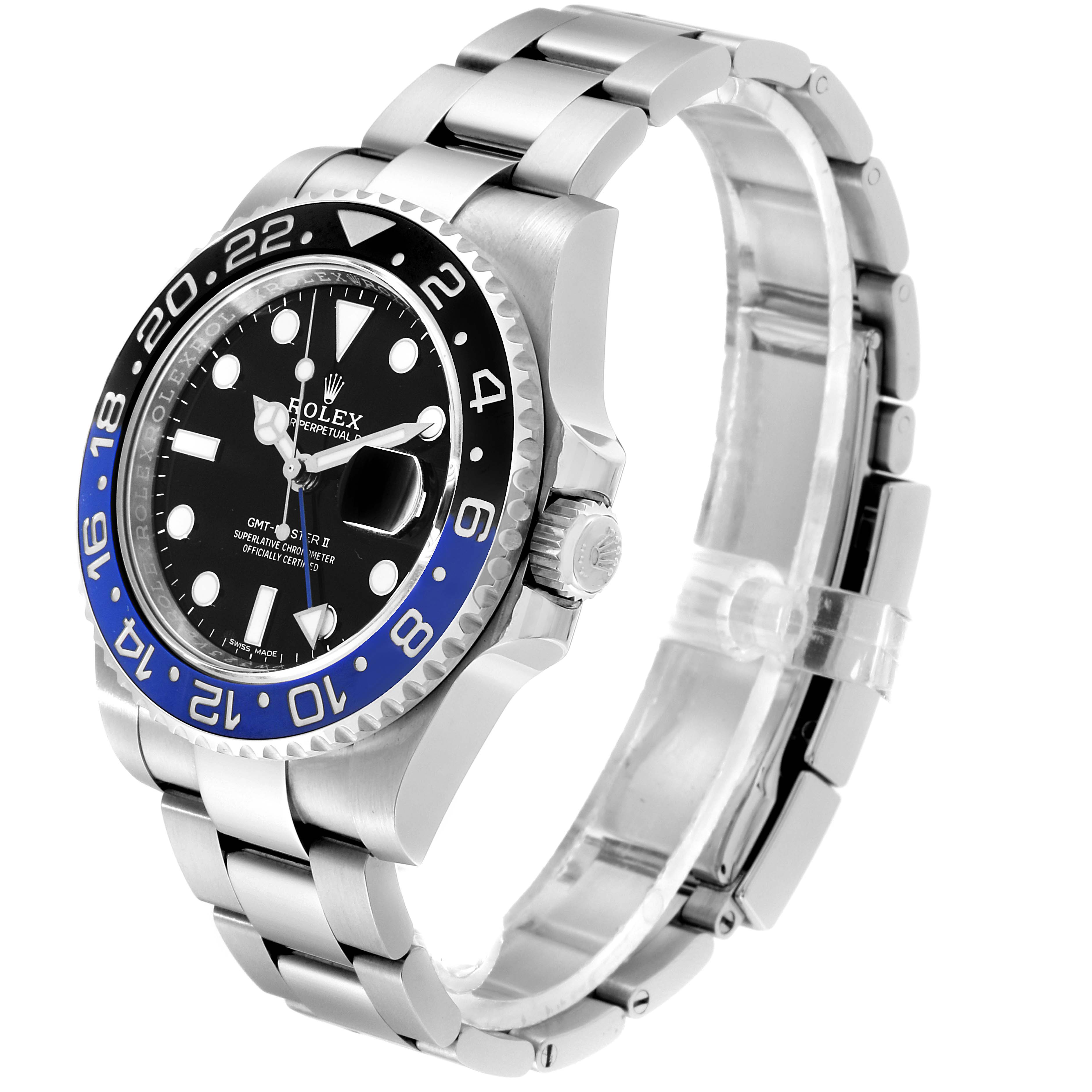 The image shows a Rolex GMT-Master 116710 Men
s Stainless Steel Black Dial 116710 Men
s Stainless Steel Black Dial watch angled from the front-left, highlighting the bezel, dial, case, and bracelet.