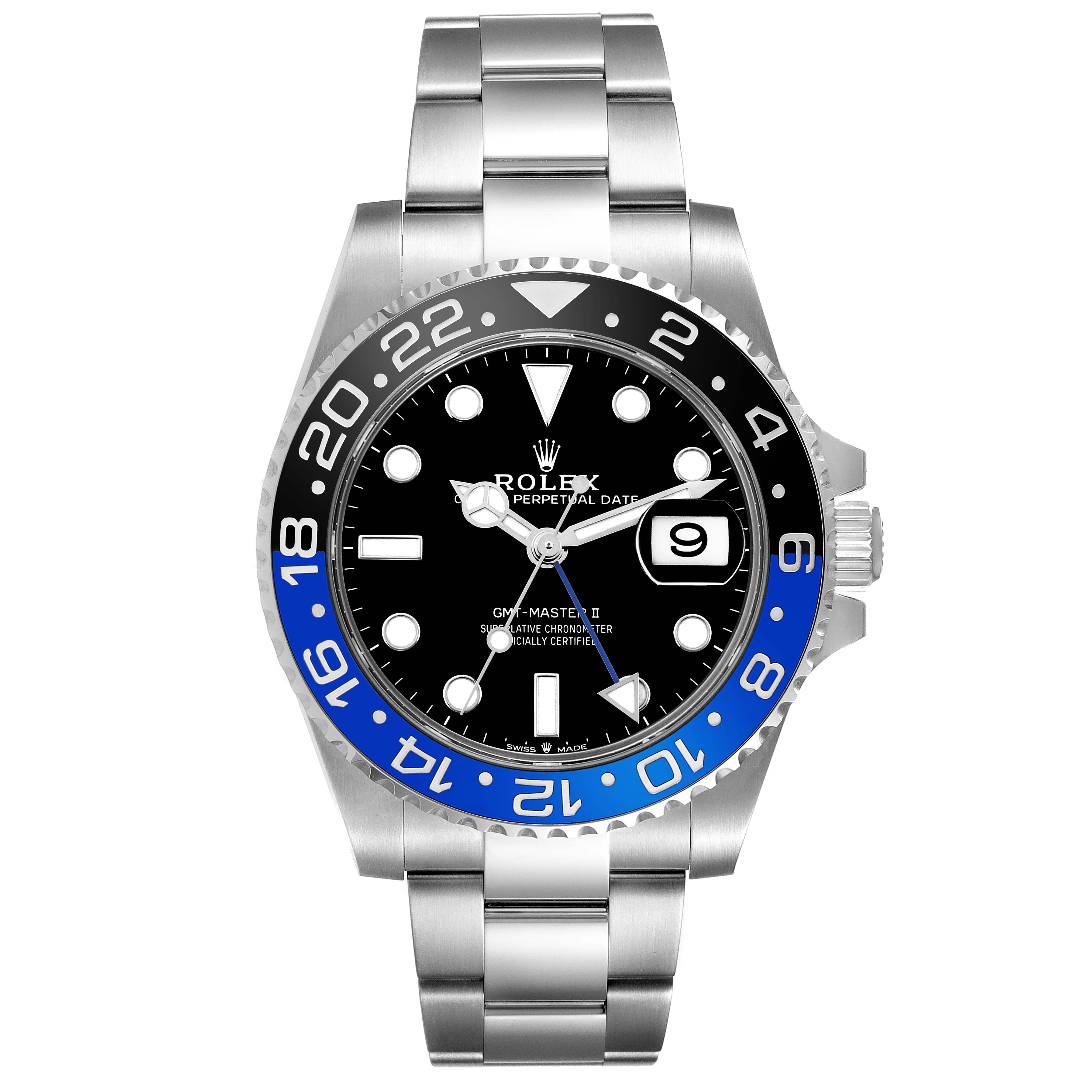 The Rolex GMT-Master 12671 Men's Stainless Steel Black Dial 12671 Men's Stainless Steel Black Dial watch is shown from the front, displaying the bezel, dial, hands, and bracelet.