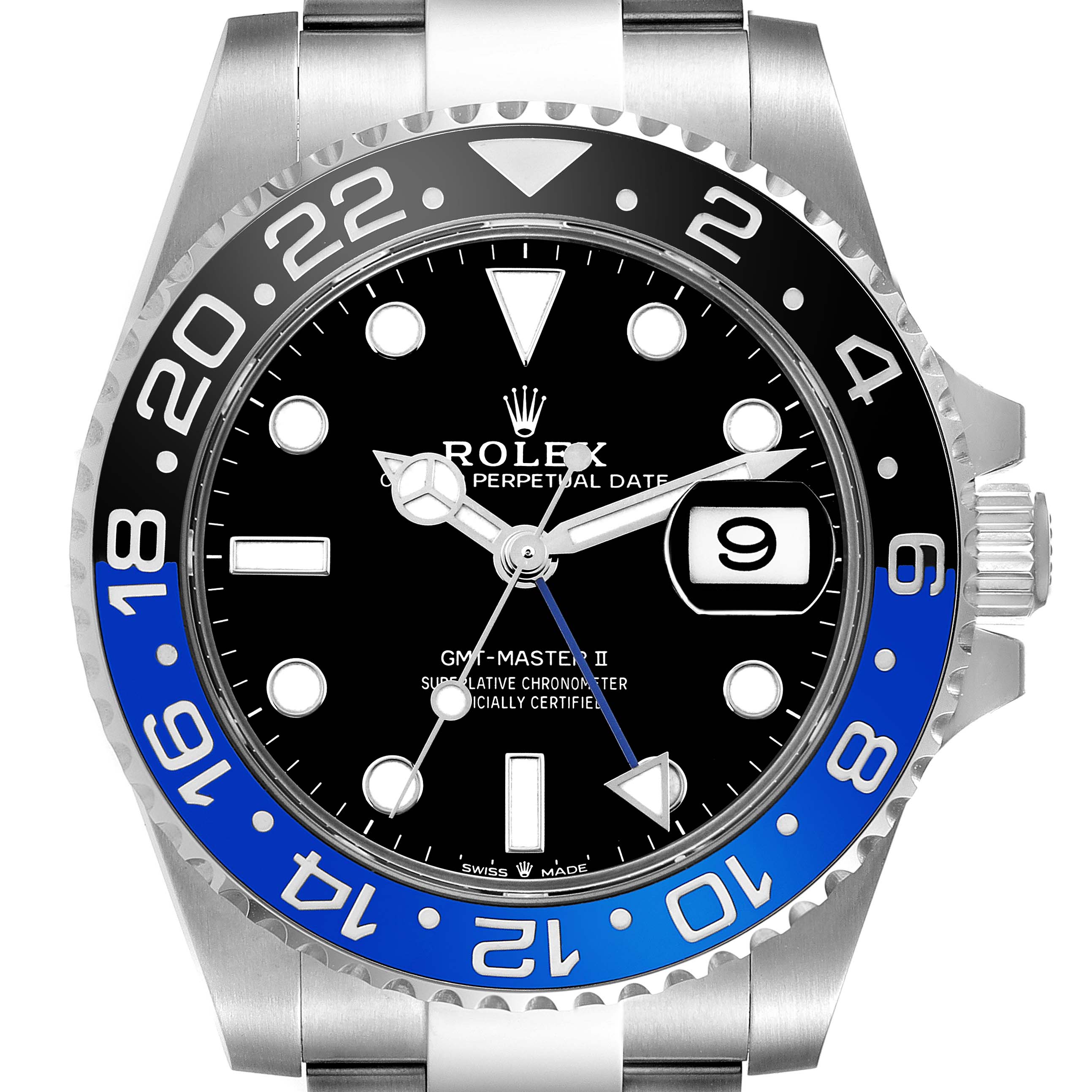 The Rolex GMT-Master 12671 Men's Stainless Steel Black Dial 12671 Men's Stainless Steel Black Dial II is shown from a front angle, highlighting the bezel, dial, hands, and date window.