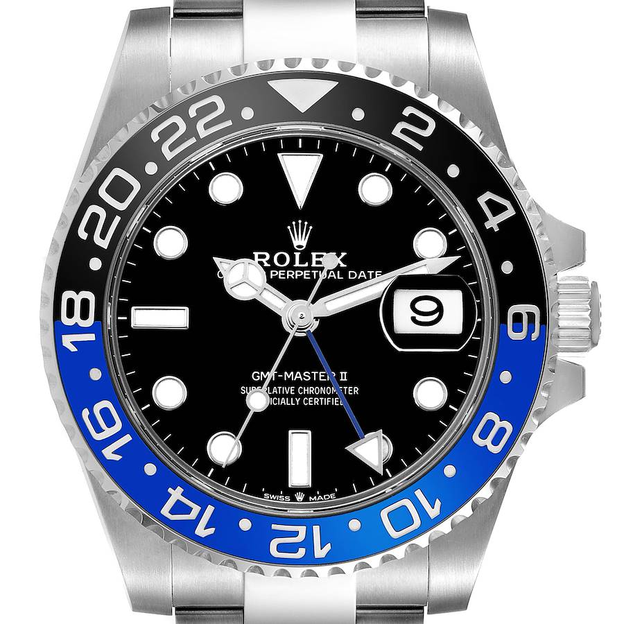 The Rolex GMT-Master II is shown from a front angle, highlighting the bezel, dial, hands, and date window.