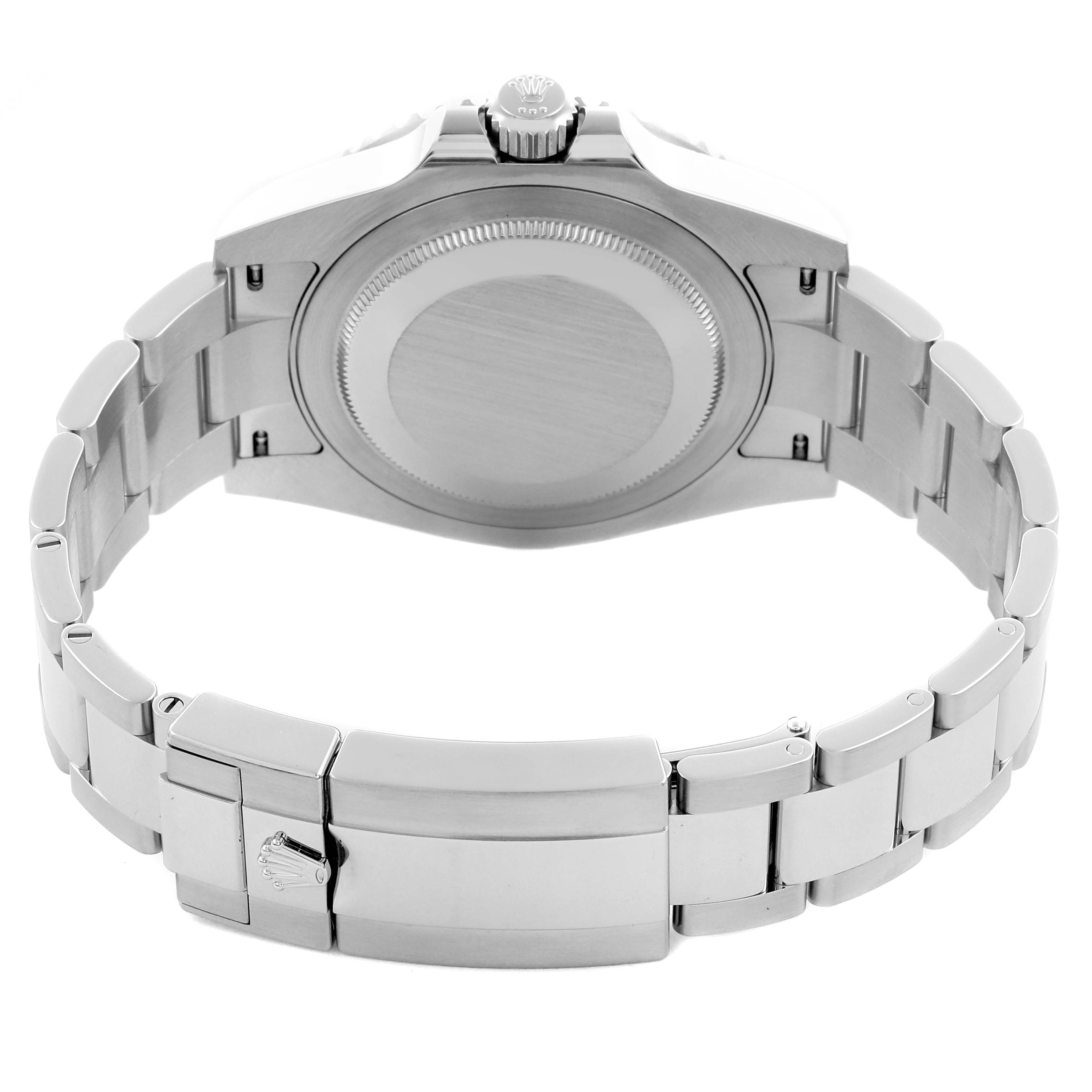 The image shows a Rolex GMT-Master 12671 Men's Stainless Steel Black Dial 12671 Men's Stainless Steel Black Dial watch from the back, highlighting the clasp, bracelet, and case back.