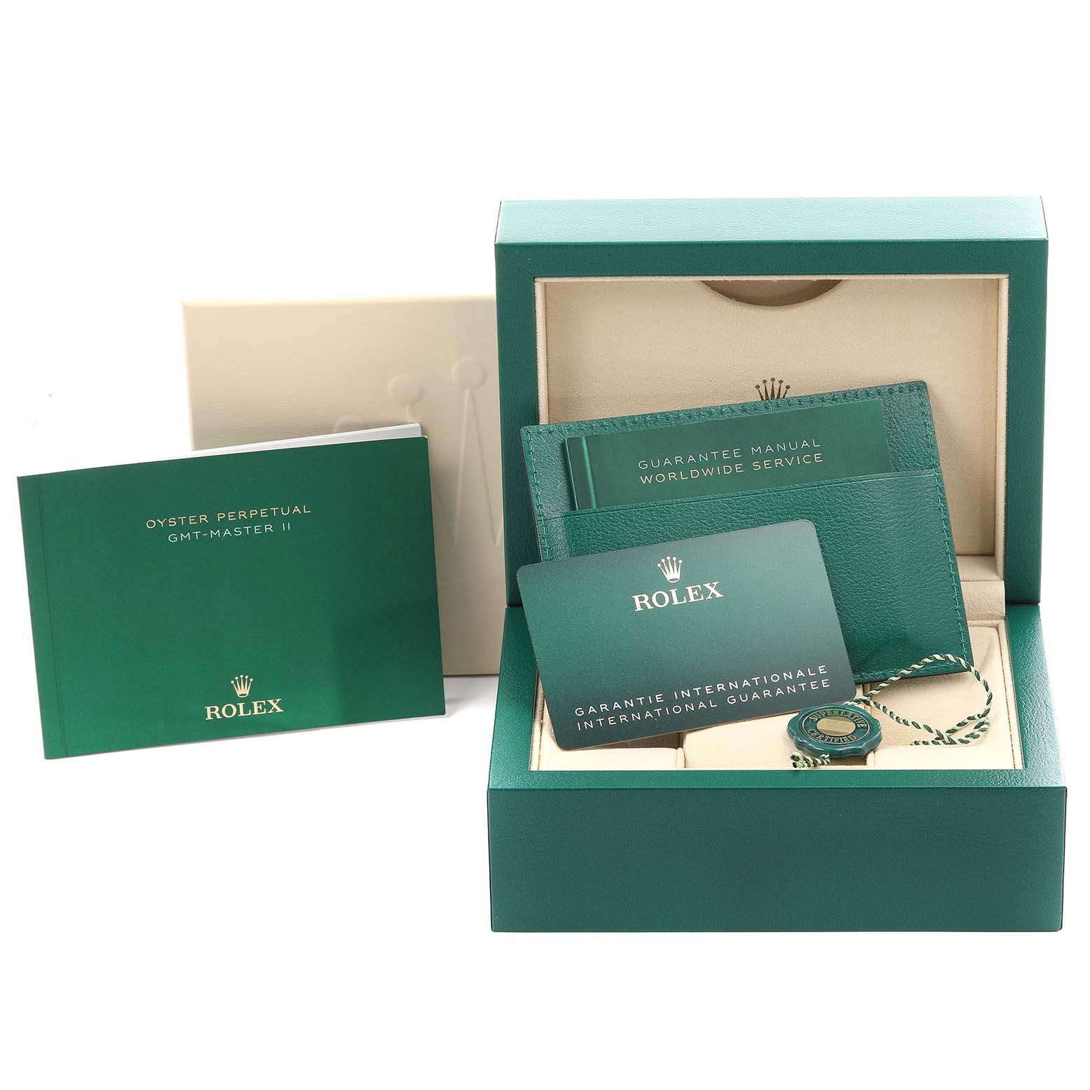 The image shows the packaging, manuals, warranty card, and accessories for a Rolex GMT-Master 12671 Men's Stainless Steel Black Dial 12671 Men's Stainless Steel Black Dial watch.