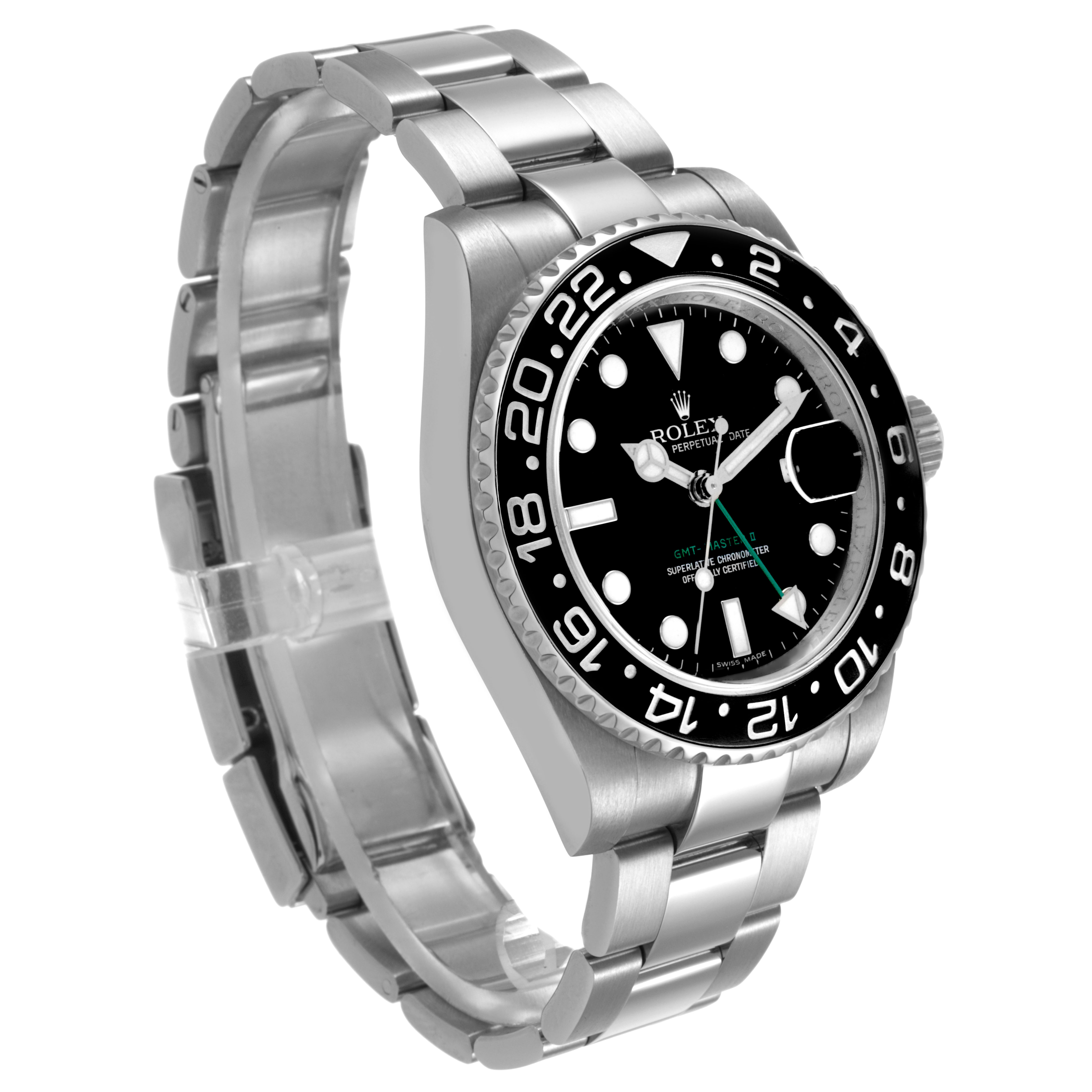 The Rolex GMT-Master 116710 Men's Stainless Steel Black Dial watch is shown at an angle highlighting the black bezel, dial, and stainless steel bracelet.