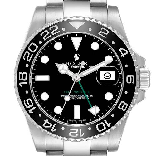 The Rolex GMT-Master 116710 Men's Stainless Steel Black Dial watch is shown from the front, displaying its dial, hands, bezel, and date window.