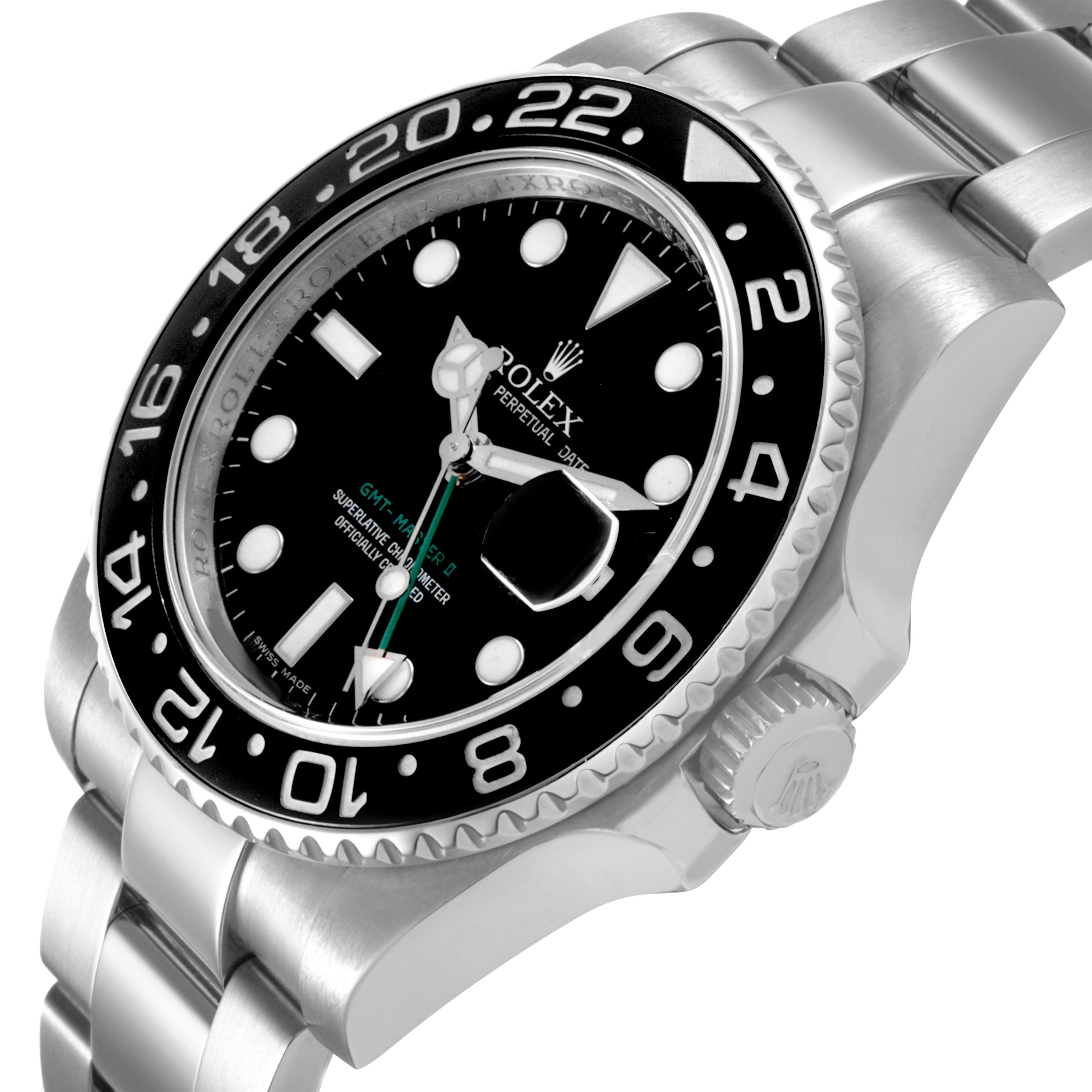 The Rolex GMT-Master 116710 Men's Stainless Steel Black Dial watch is shown at an angled side view, highlighting the bezel, crown, and part of the bracelet.