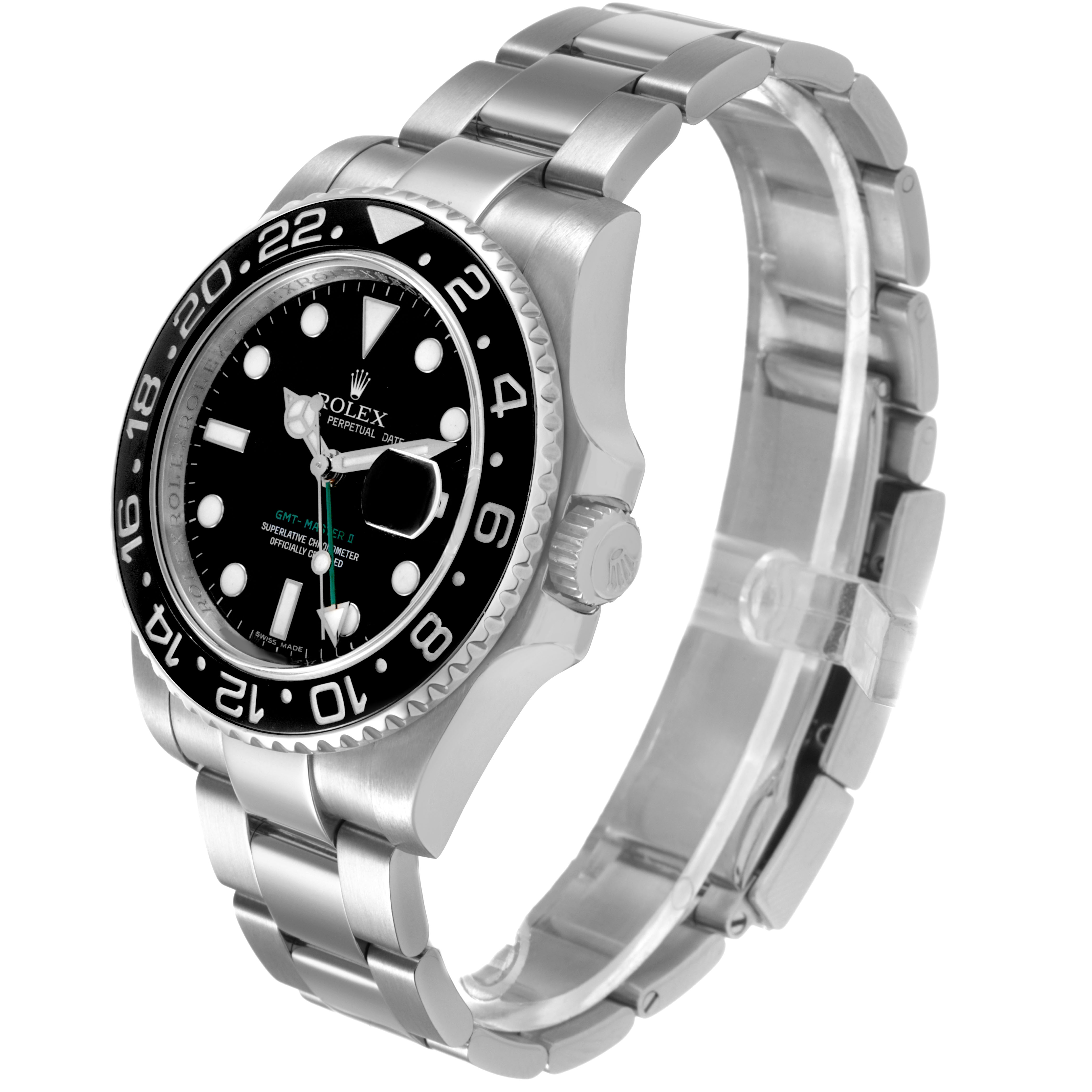 The Rolex GMT-Master 116710 Men's Stainless Steel Black Dial watch is shown from a side angle, highlighting the bezel, dial, crown, and bracelet.