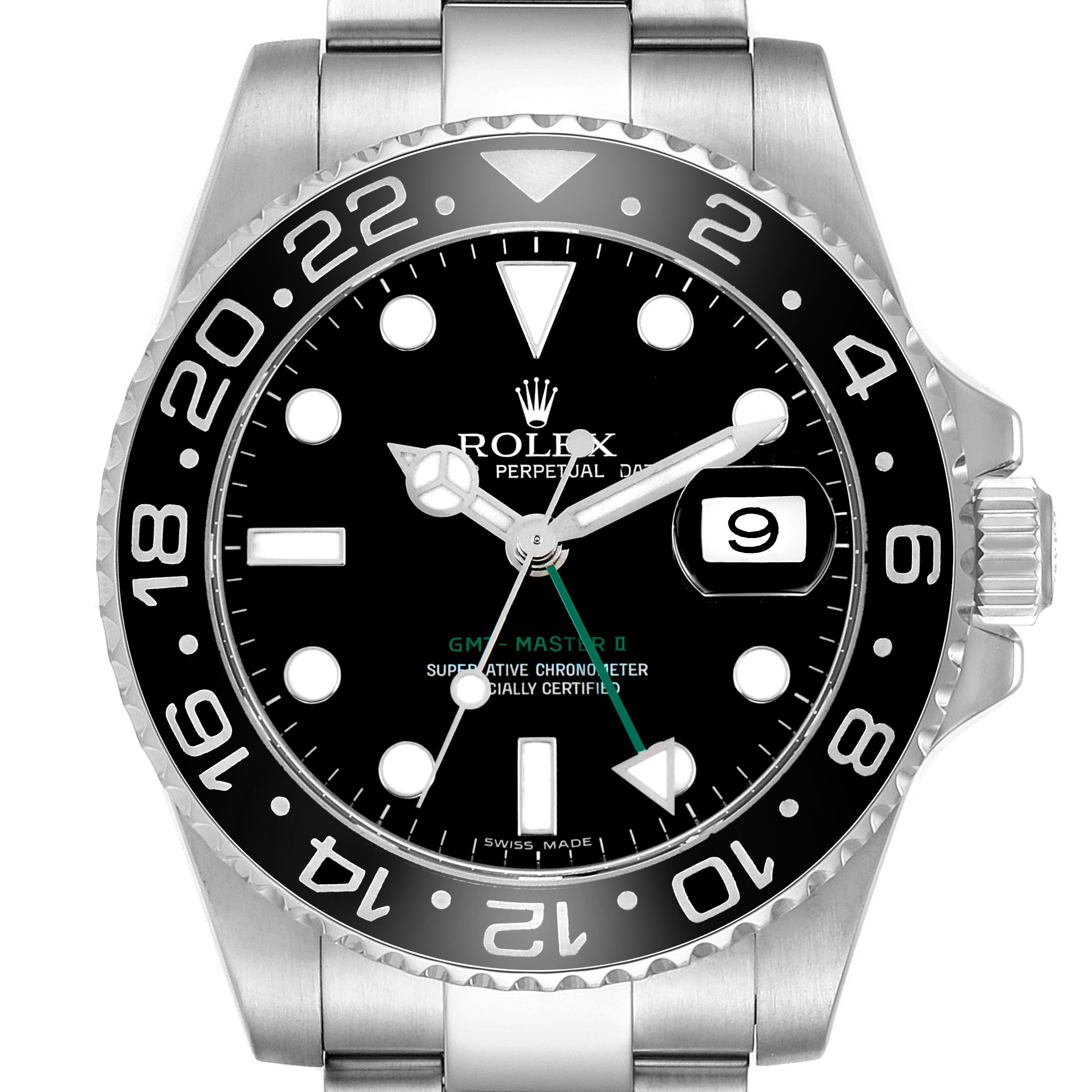 The Rolex GMT-Master 116710 Men's Stainless Steel Black Dial model is shown from the front, displaying the dial, bezel with 24-hour markers, hands, and date window.