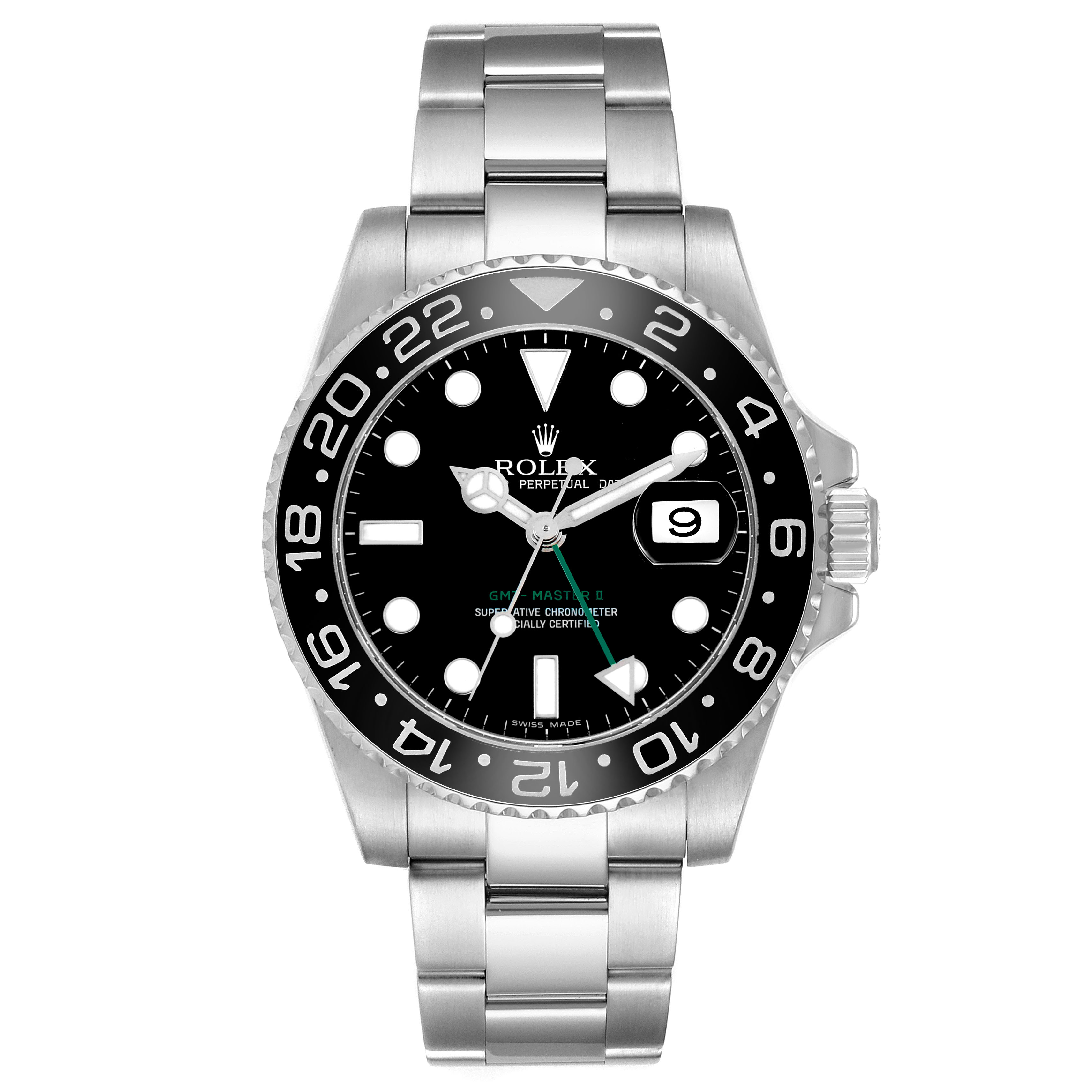The image shows a Rolex GMT-Master 116710 Men's Stainless Steel Black Dial watch from a front angle, highlighting the dial, bezel, and bracelet.