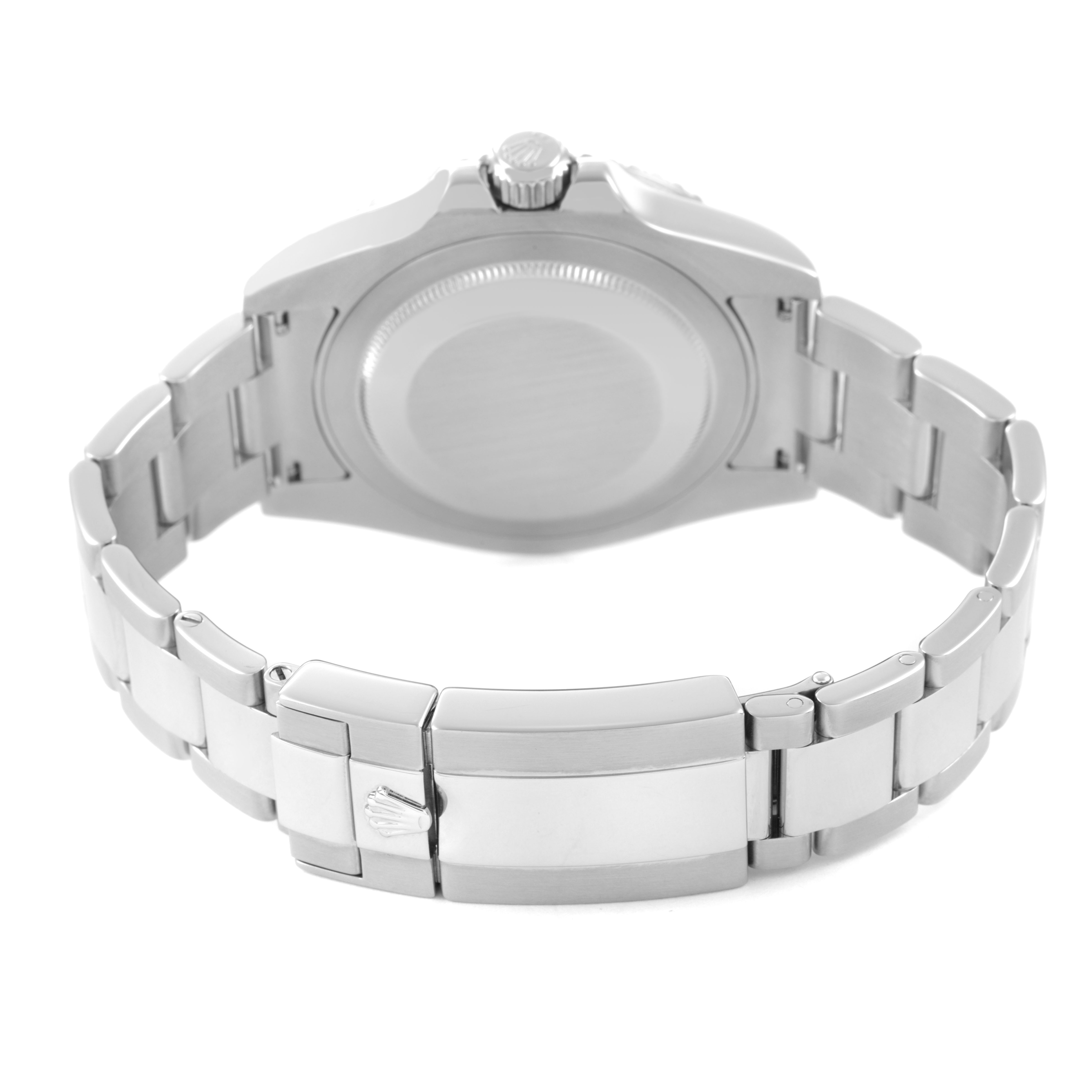 The image shows the backside of the Rolex GMT-Master 116710 Men's Stainless Steel Black Dial, highlighting its case back, bracelet, and clasp.