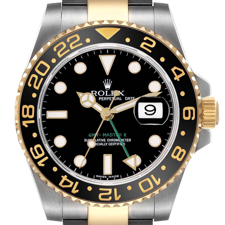 Rolex GMT Master II Steel Yellow Gold Black Dial Mens Watch 116713 SwissWatchExpo