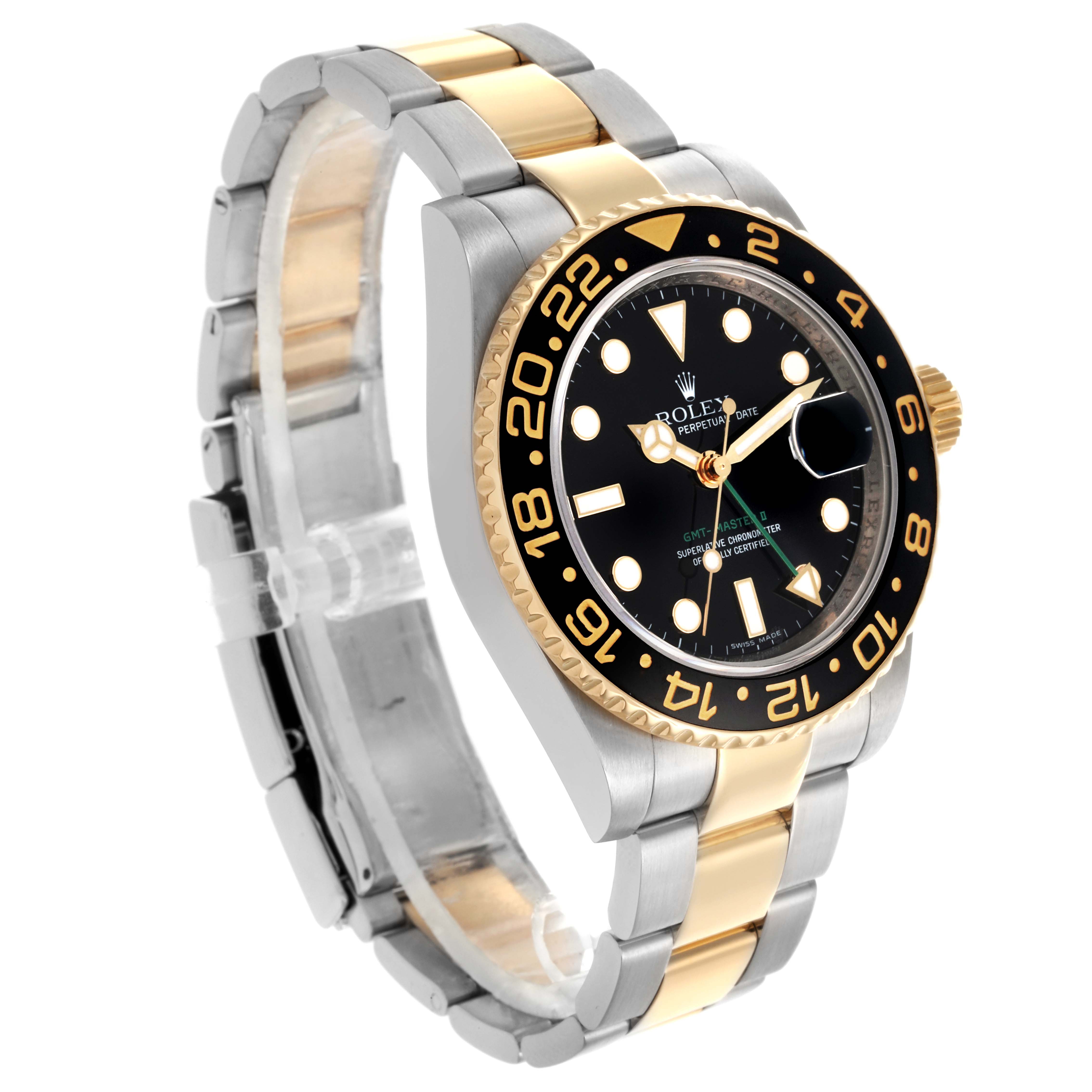 The Rolex GMT-Master 116713 Men's Steel and Gold (two tone) Black Dial 116713 Men's Steel and Gold (two tone) Black Dial is shown at a three-quarter angle displaying the bezel, face, crown, and two-tone bracelet.