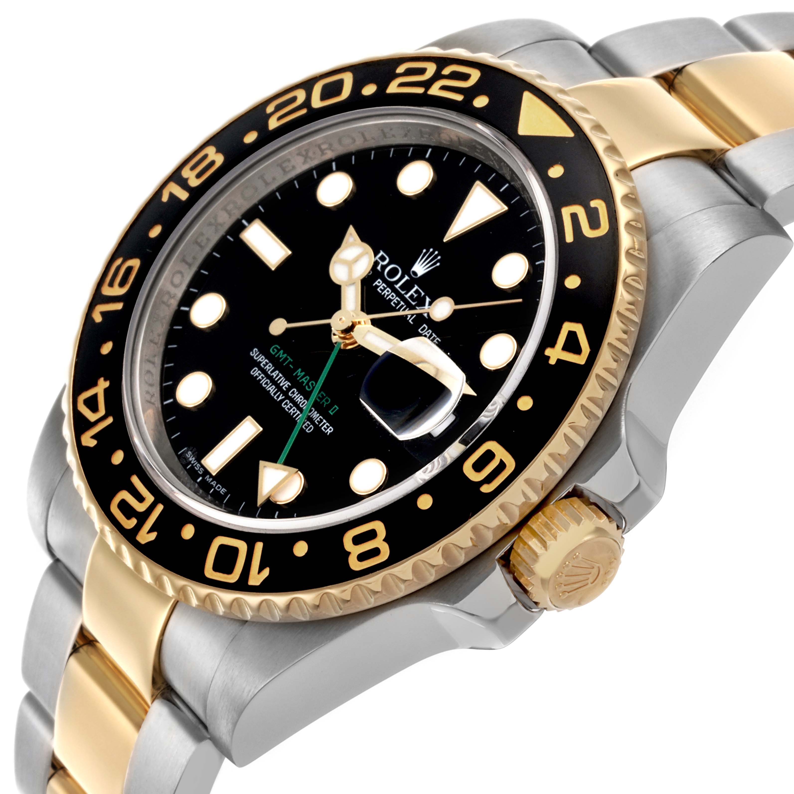 The image shows a Rolex GMT-Master 116713 Men's Steel and Gold (two tone) Black Dial 116713 Men's Steel and Gold (two tone) Black Dial watch at an oblique angle, highlighting the bezel, crown, and two-tone bracelet.