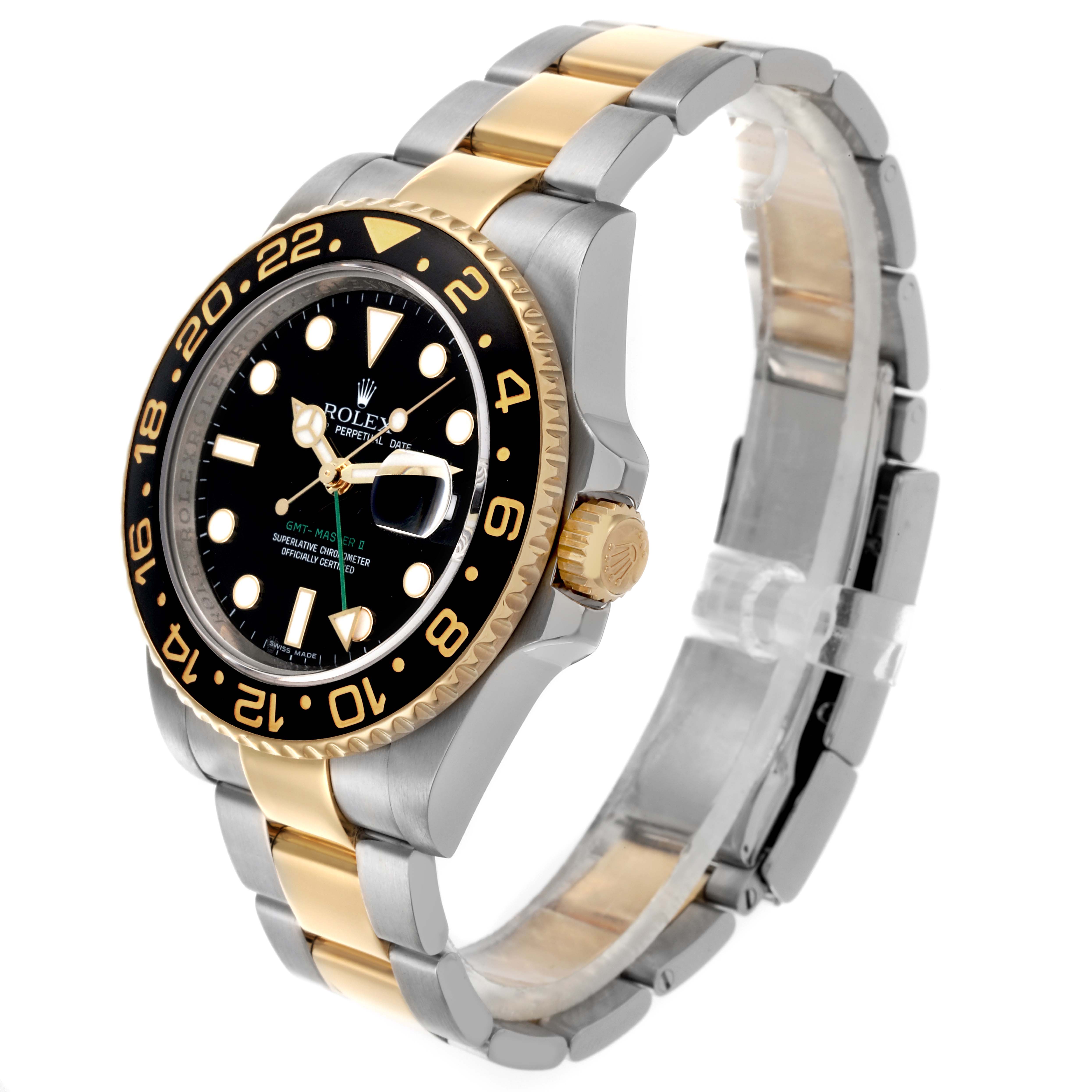 The Rolex GMT-Master 116713 Men's Steel and Gold (two tone) Black Dial 116713 Men's Steel and Gold (two tone) Black Dial watch is shown at an angled side view, highlighting the bezel, dial, and bracelet.