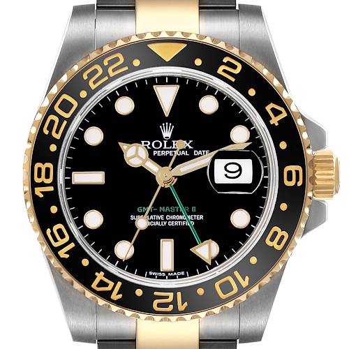 The Rolex GMT-Master watch is shown from the front, highlighting its bezel, dial, and hands.