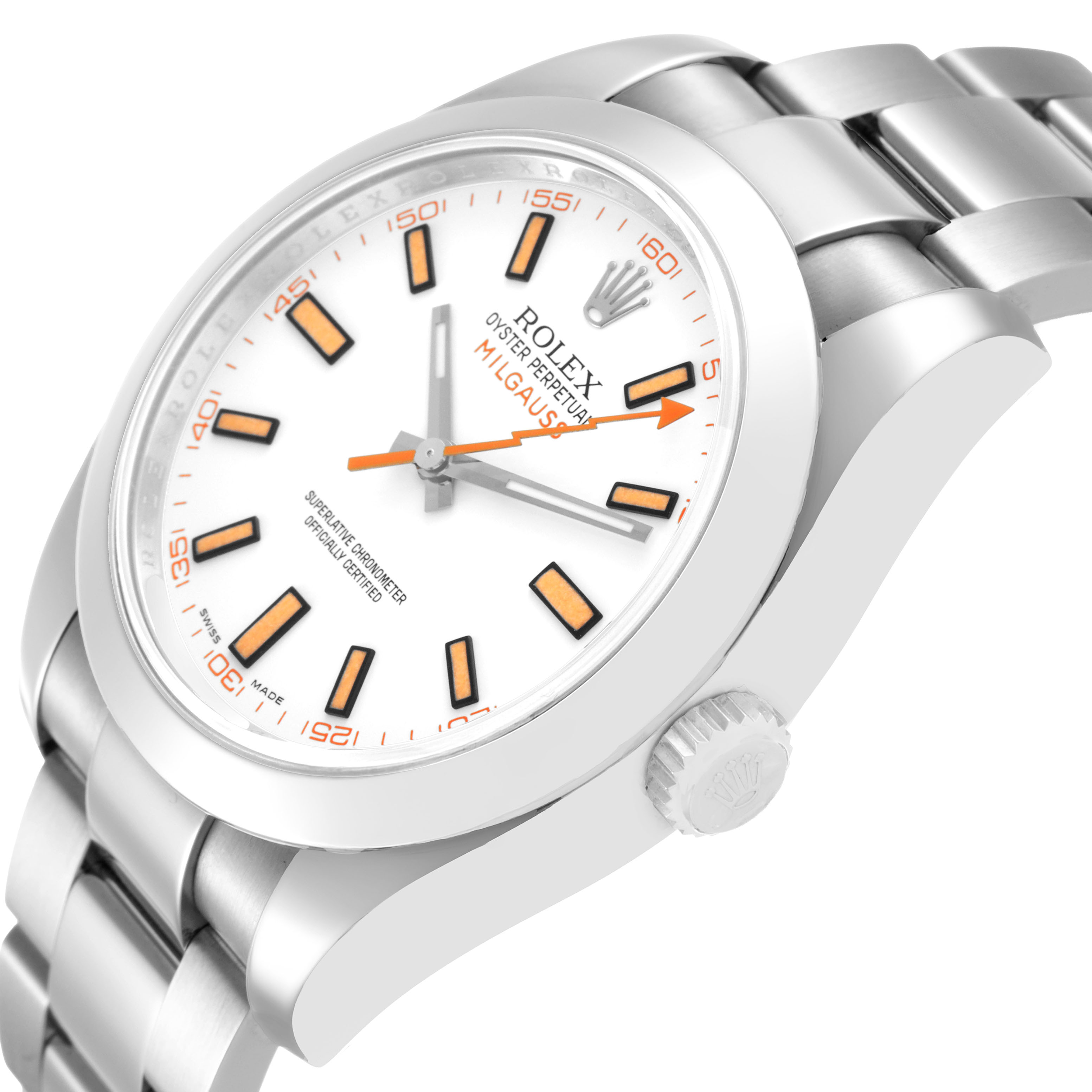 The Rolex Milgauss 116400 Men's Stainless Steel White Dial watch is shown at an angled side view, highlighting the dial, bezel, crown, and bracelet links.
