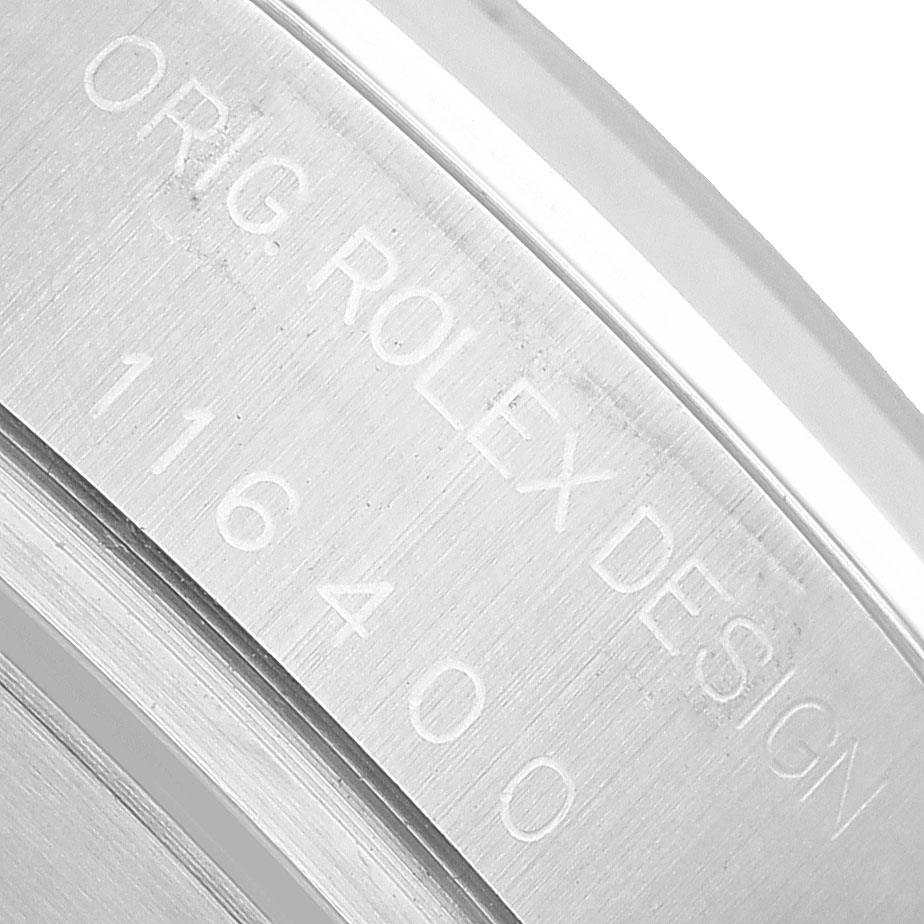 The image shows the inner case markings of a Rolex Milgauss 116400 Men's Stainless Steel White Dial, focusing on the engravings.