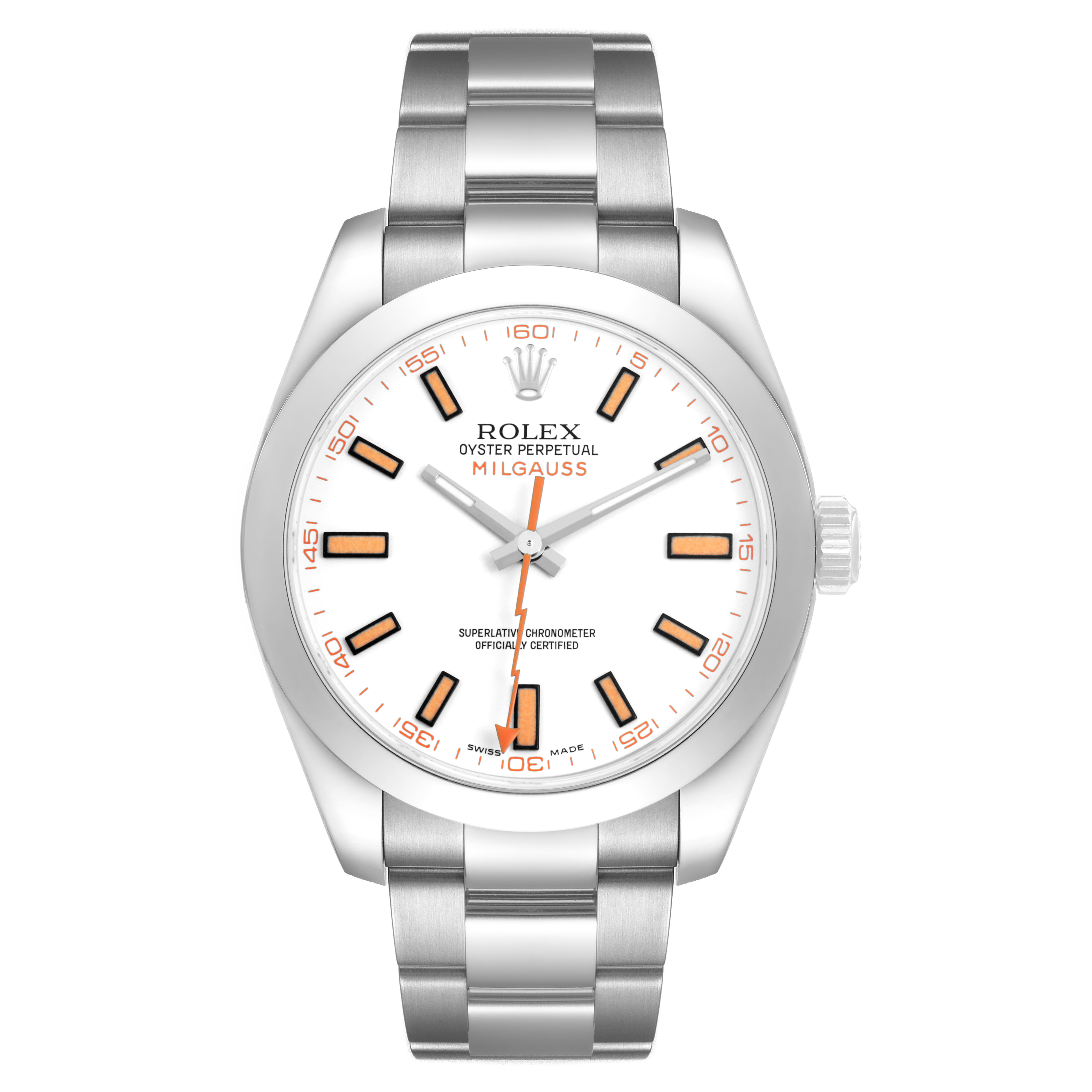 The Rolex Milgauss 116400 Men's Stainless Steel White Dial watch is shown from the front, displaying the dial, case, and bracelet.