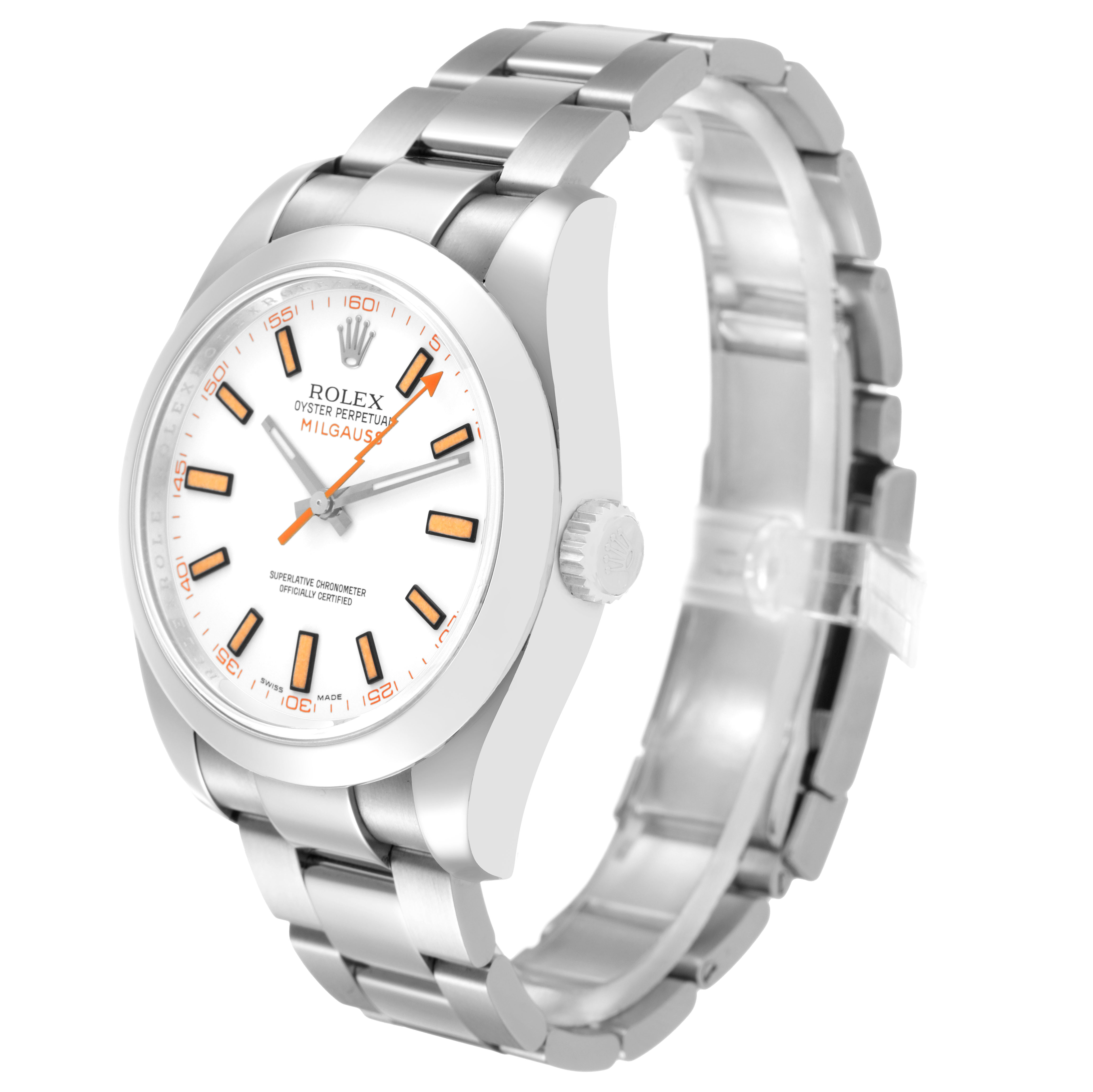 The Rolex Milgauss 116400 Men's Stainless Steel White Dial watch is shown at a three-quarter angle, highlighting the face, bezel, bracelet, and crown.