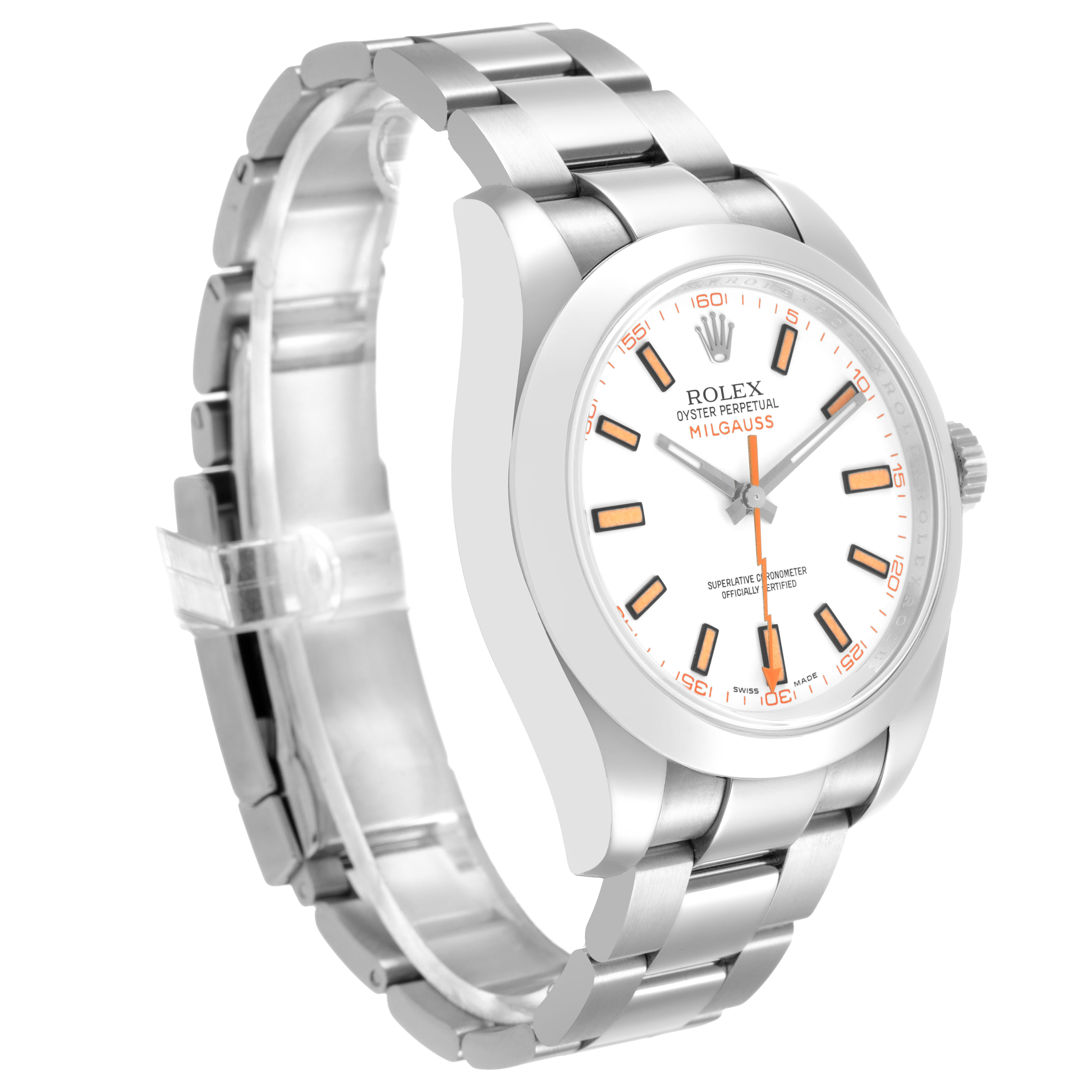 The Rolex Milgauss 116400 Men's Stainless Steel White Dial watch is shown at a slight angle, featuring its white dial, orange hour markers, and stainless steel bracelet.