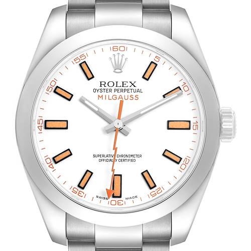 The image shows a front view of a Rolex Milgauss 116400 Men's Stainless Steel White Dial watch, highlighting its white dial with orange accents and silver bracelet.