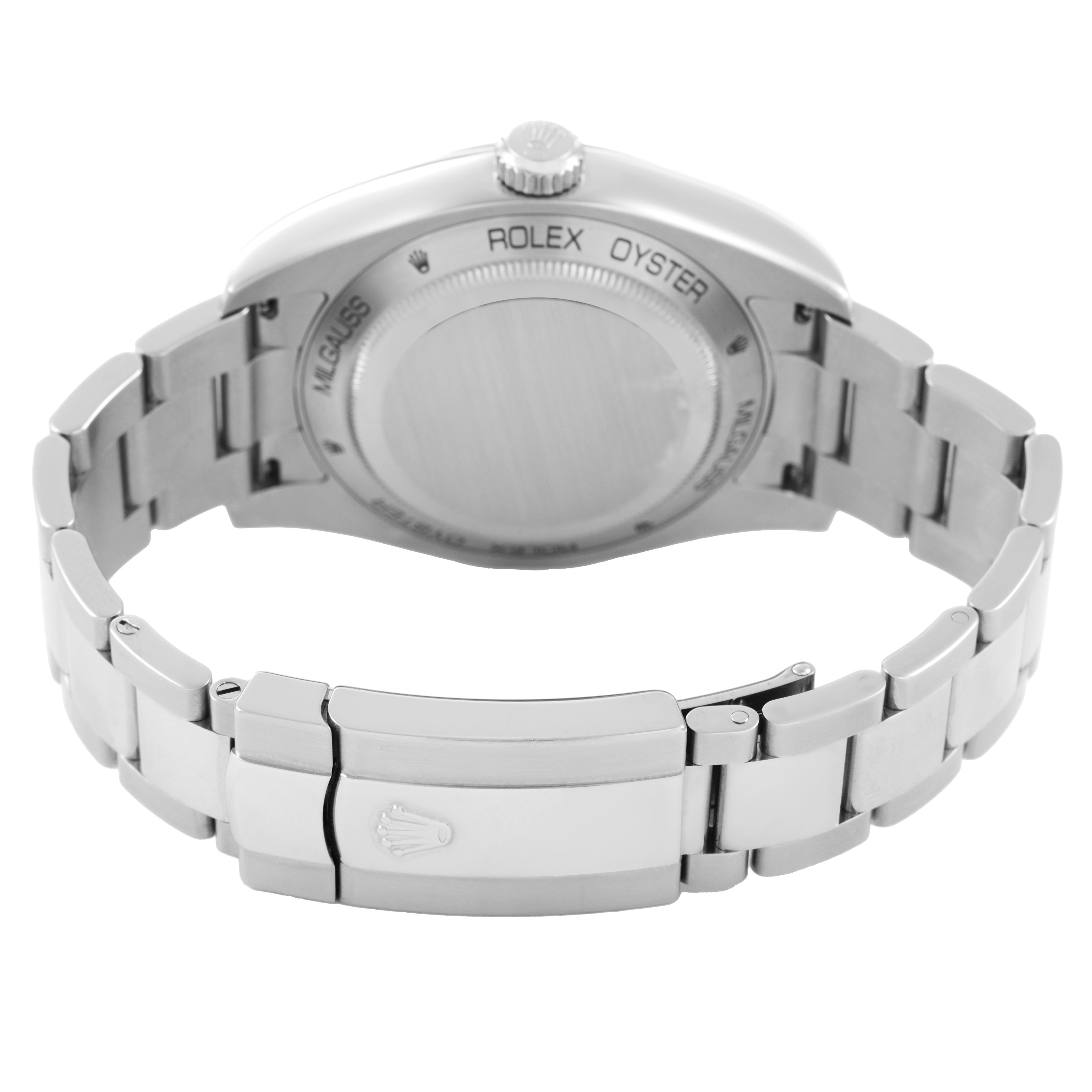 The Rolex Milgauss 116400 Men's Stainless Steel White Dial watch is shown from the back, highlighting the case back and bracelet clasp.