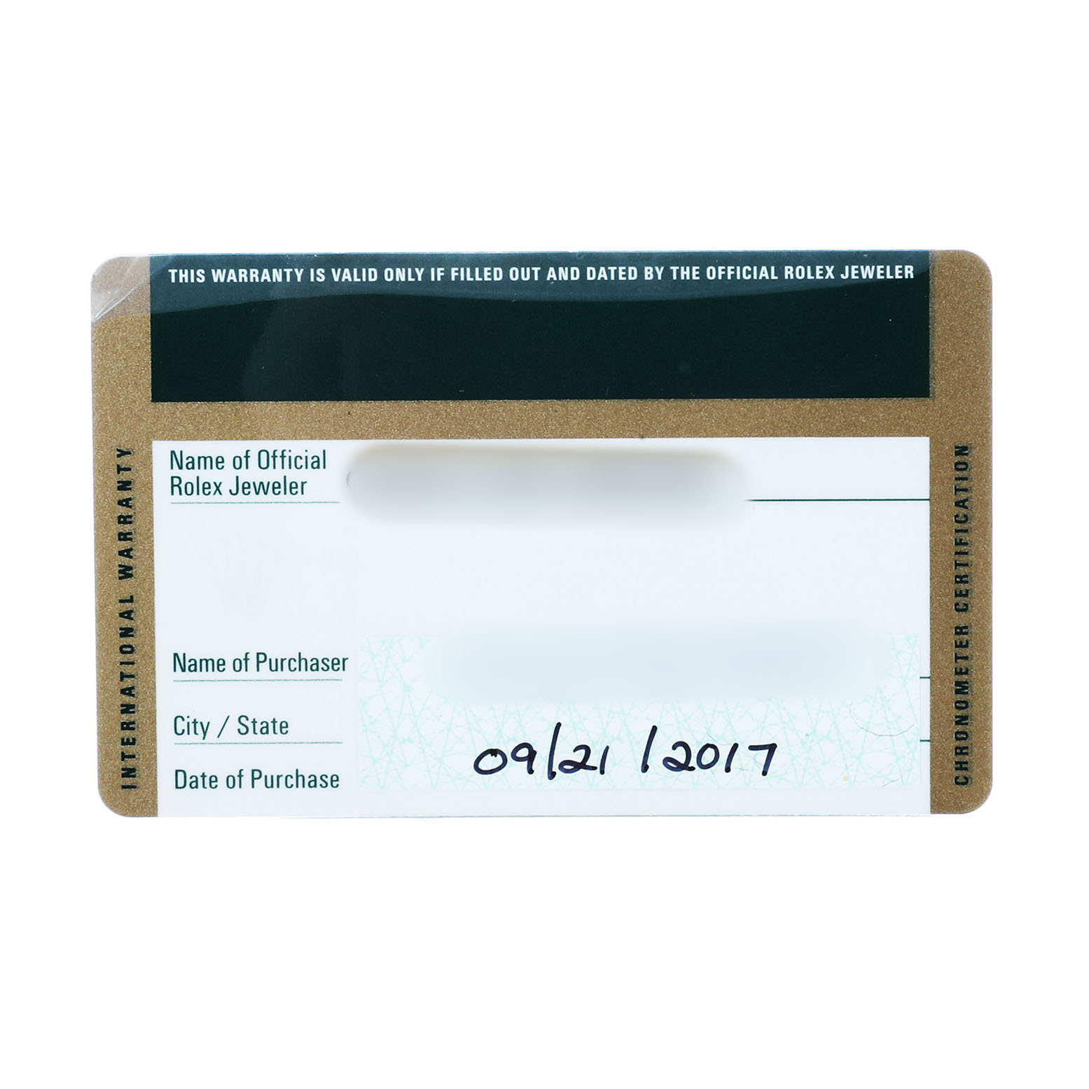 The image shows the warranty card for the Rolex Milgauss 116400 Men's Stainless Steel White Dial watch with specified purchase details.