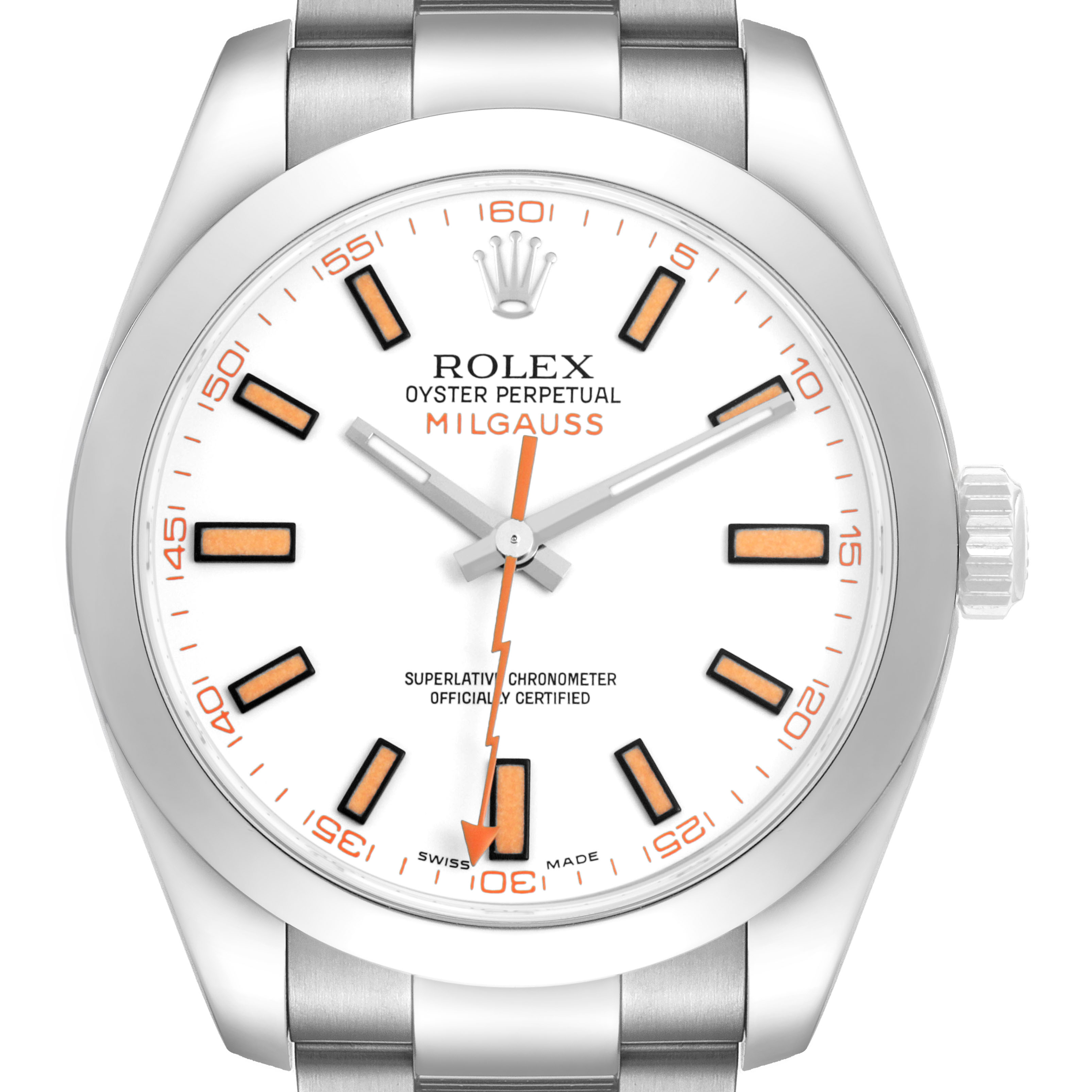 The image shows a front view of the Rolex Milgauss 116400 Men's Stainless Steel White Dial watch, highlighting the dial, indices, and hands.