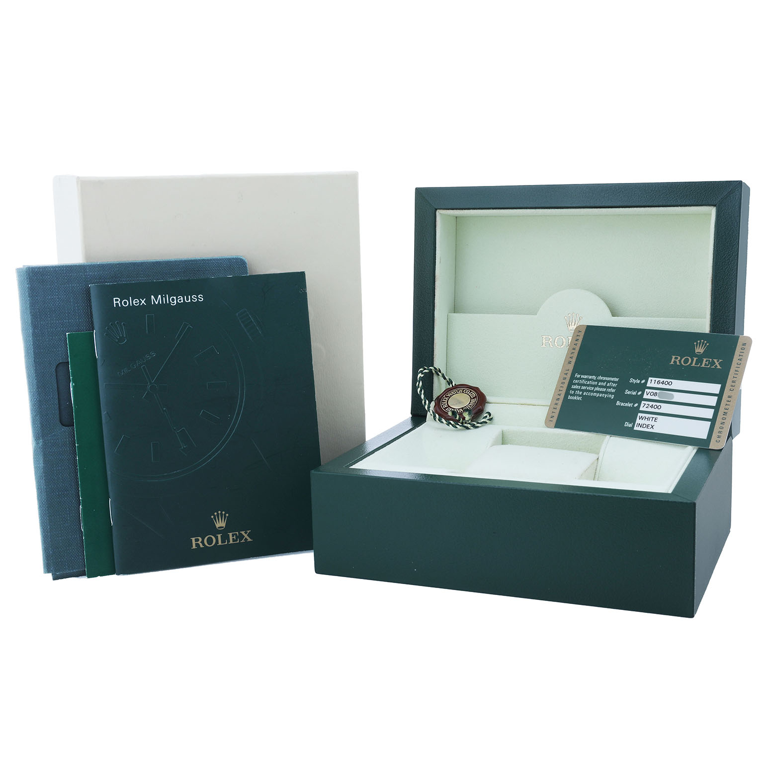 The image shows a Rolex Milgauss 116400 Men's Stainless Steel White Dial box set, including a box, manuals, hang tag, and a warranty card, viewed from the front.