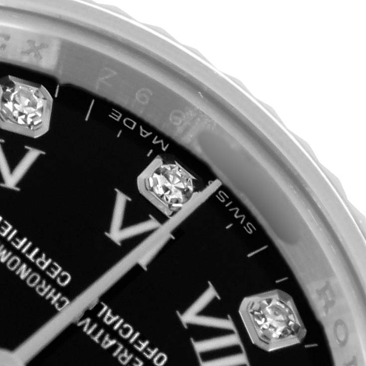 The image shows a close-up of the Rolex Oyster Perpetual 176234 Women
s Stainless Steel Black Dial watch face, detailing the bezel, numerals, and diamond markers.