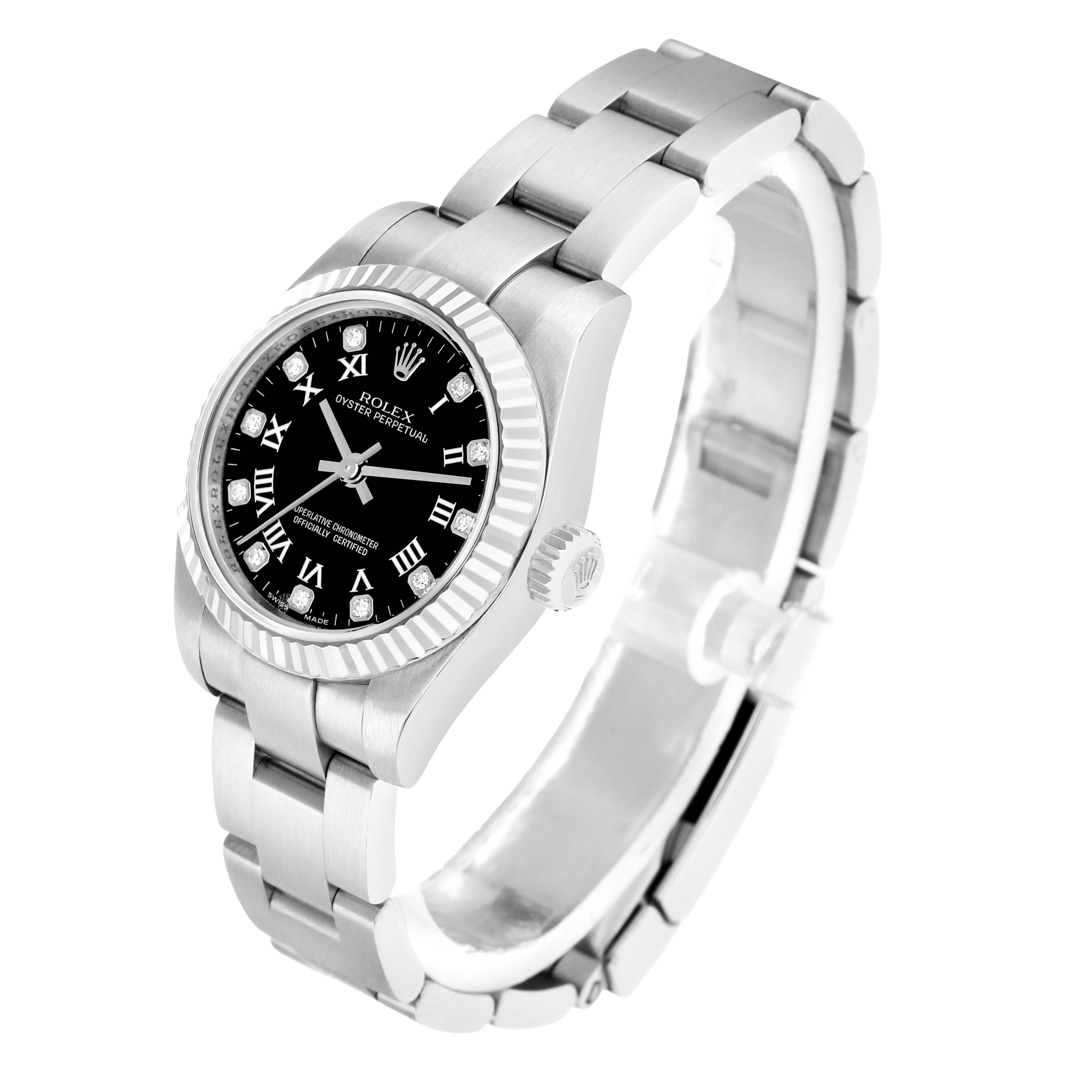 The Rolex Oyster Perpetual 176234 Women
s Stainless Steel Black Dial watch is shown at a three-quarter angle displaying the face, bezel, crown, and stainless steel bracelet.