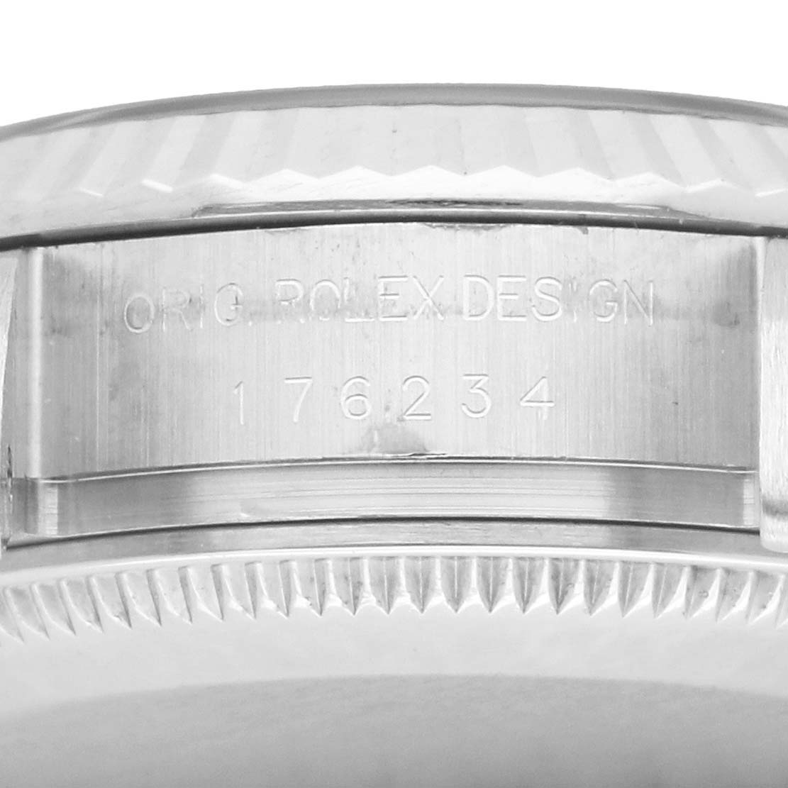 The image shows a close-up of the side of a Rolex Oyster Perpetual 176234 Women
s Stainless Steel Black Dial, highlighting the engraved design and model number.