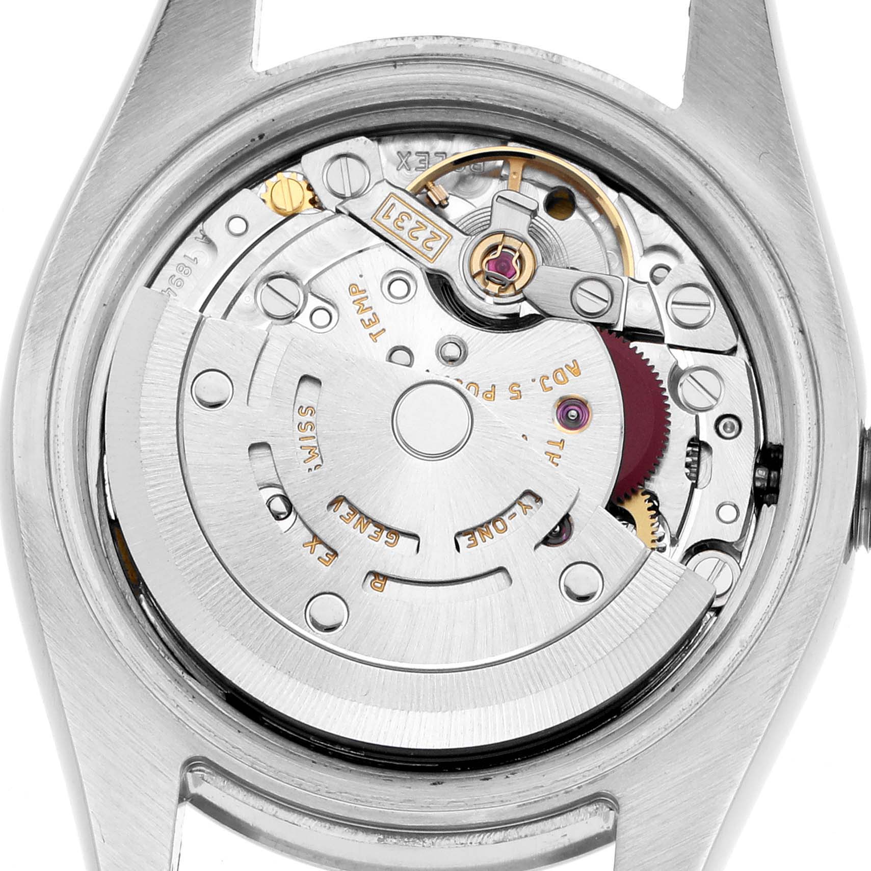 The image shows the back view of a Rolex Oyster Perpetual 176234 Women
s Stainless Steel Black Dial, highlighting the watch movement and rotor.