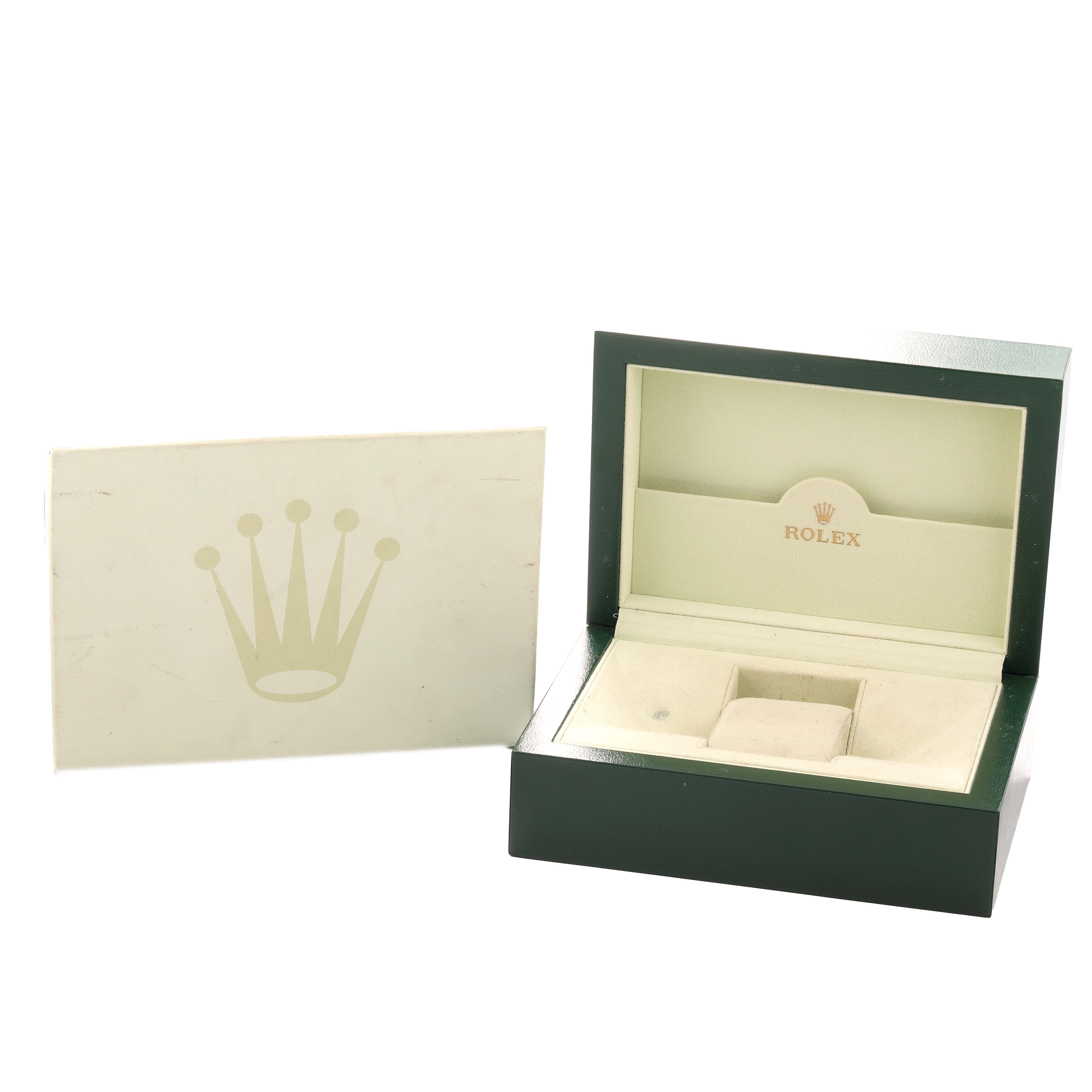 The image shows an open Rolex Oyster Perpetual 176234 Women
s Stainless Steel Black Dial watch box and cover, displaying the interior and logo from a front angle.